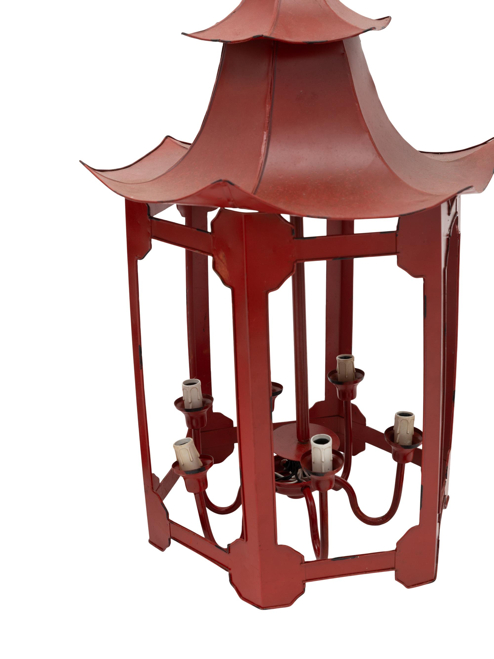 A Pair of Italian Painted Tole Six-Light Pagoda-Form Lanterns