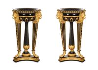 A Pair of Neoclassical Style Ebonized and Parcel Gilt Composition Jardinières on Stands