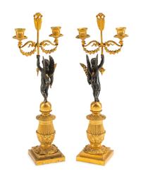 A Pair of Empire Style Gilt and Patinated Bronze Figural Two-Light Candelabra