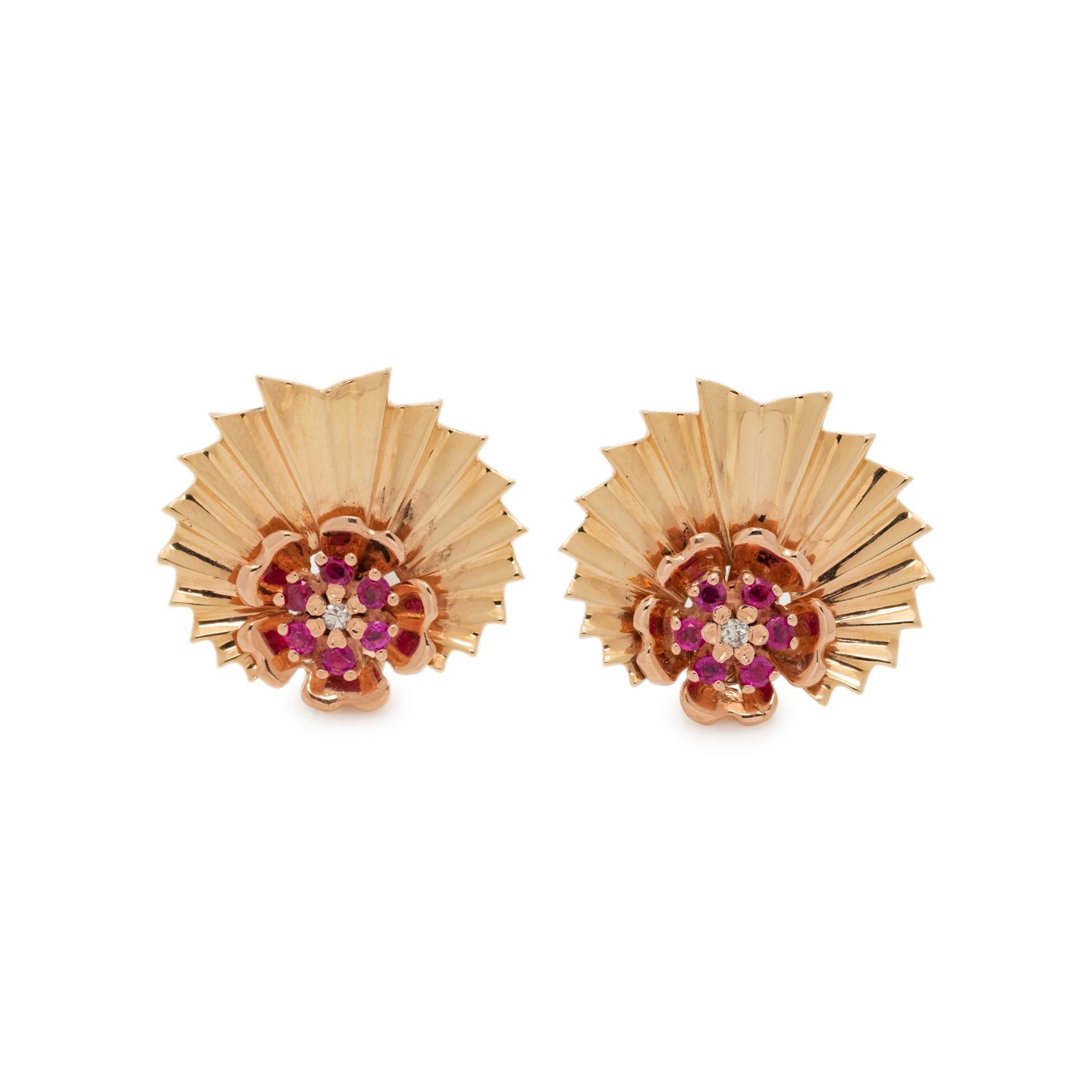 RETRO, BICOLOR GOLD, RUBY AND DIAMOND EARCLIPS