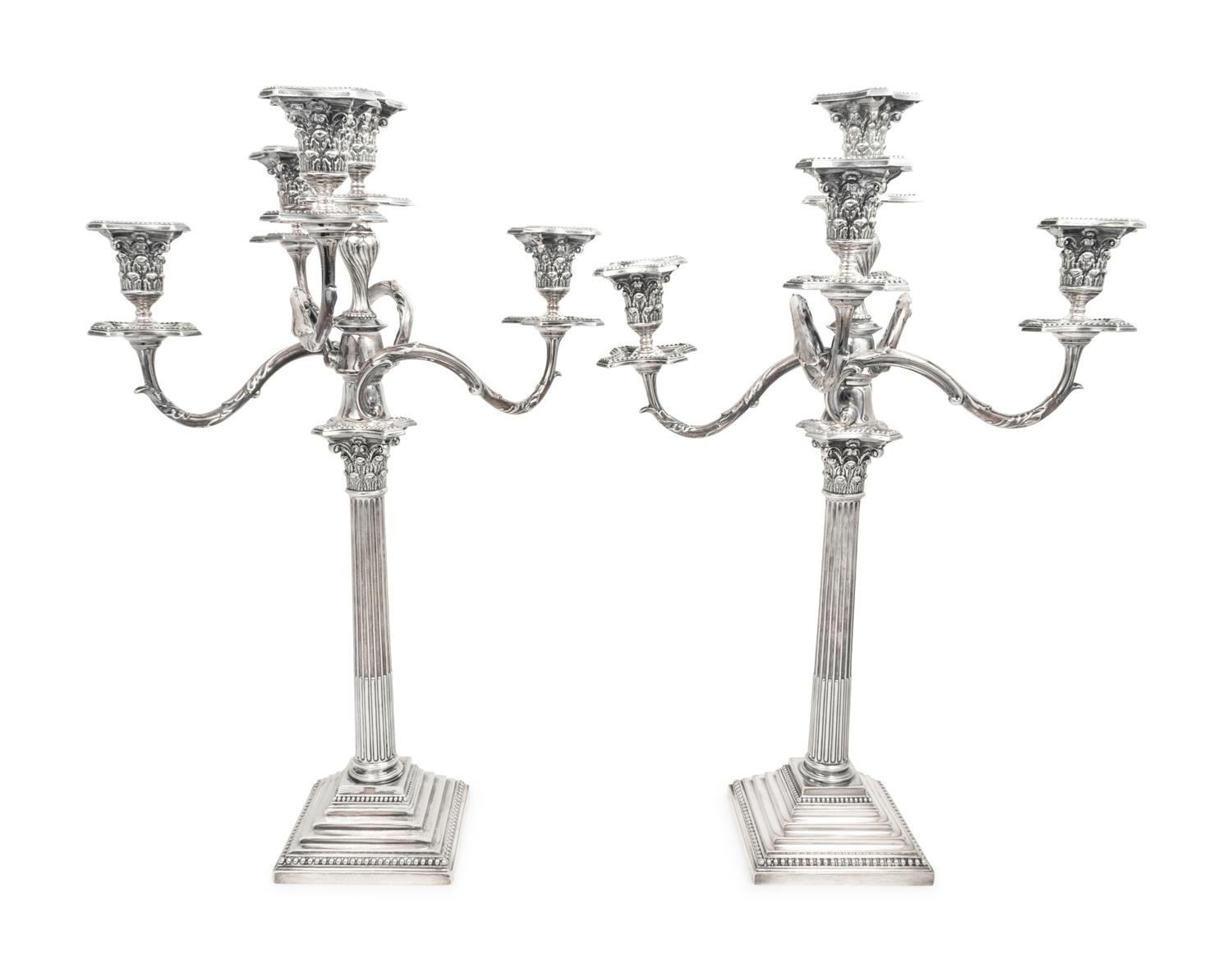 A Pair of English Silver-Plate Five-Light Candleabra