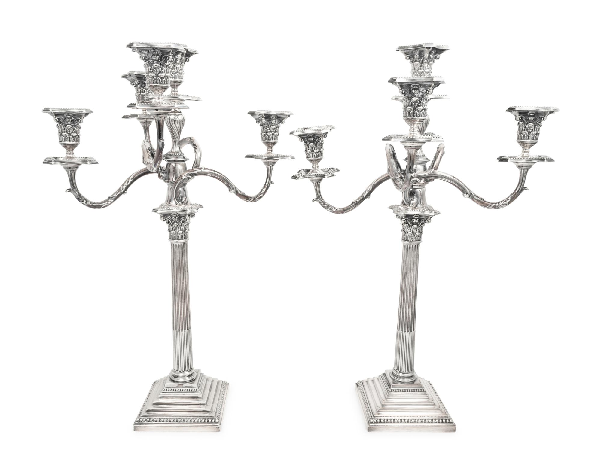 A Pair of English Silver-Plate Five-Light Candleabra