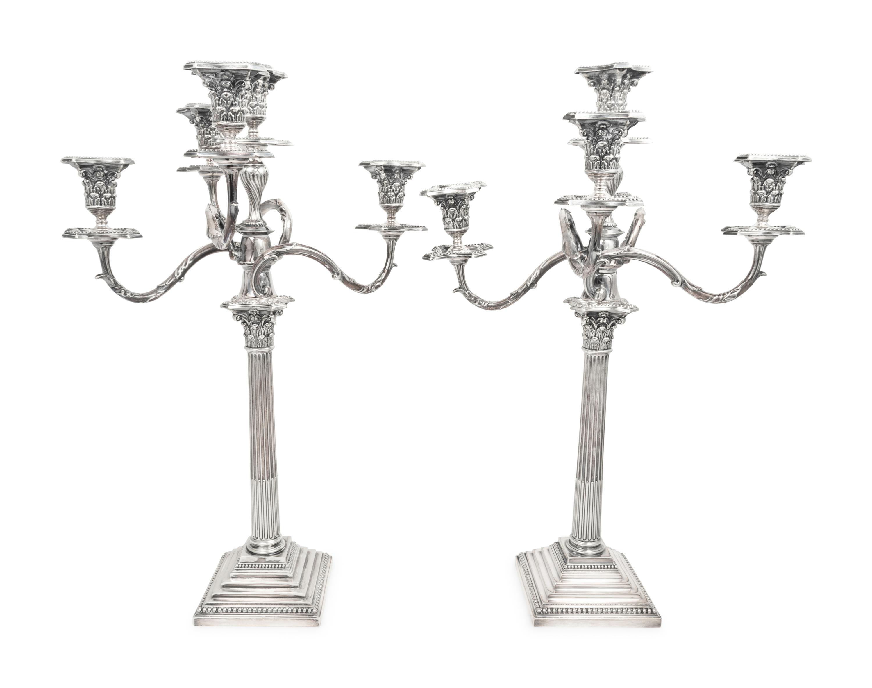A Pair of English Silver-Plate Five-Light Candleabra