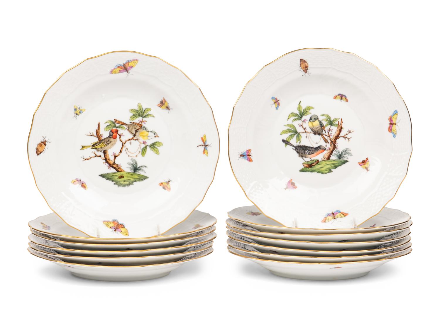 A Set of Thirteen Herend Rothschild Bird Porcelain Dessert Plates