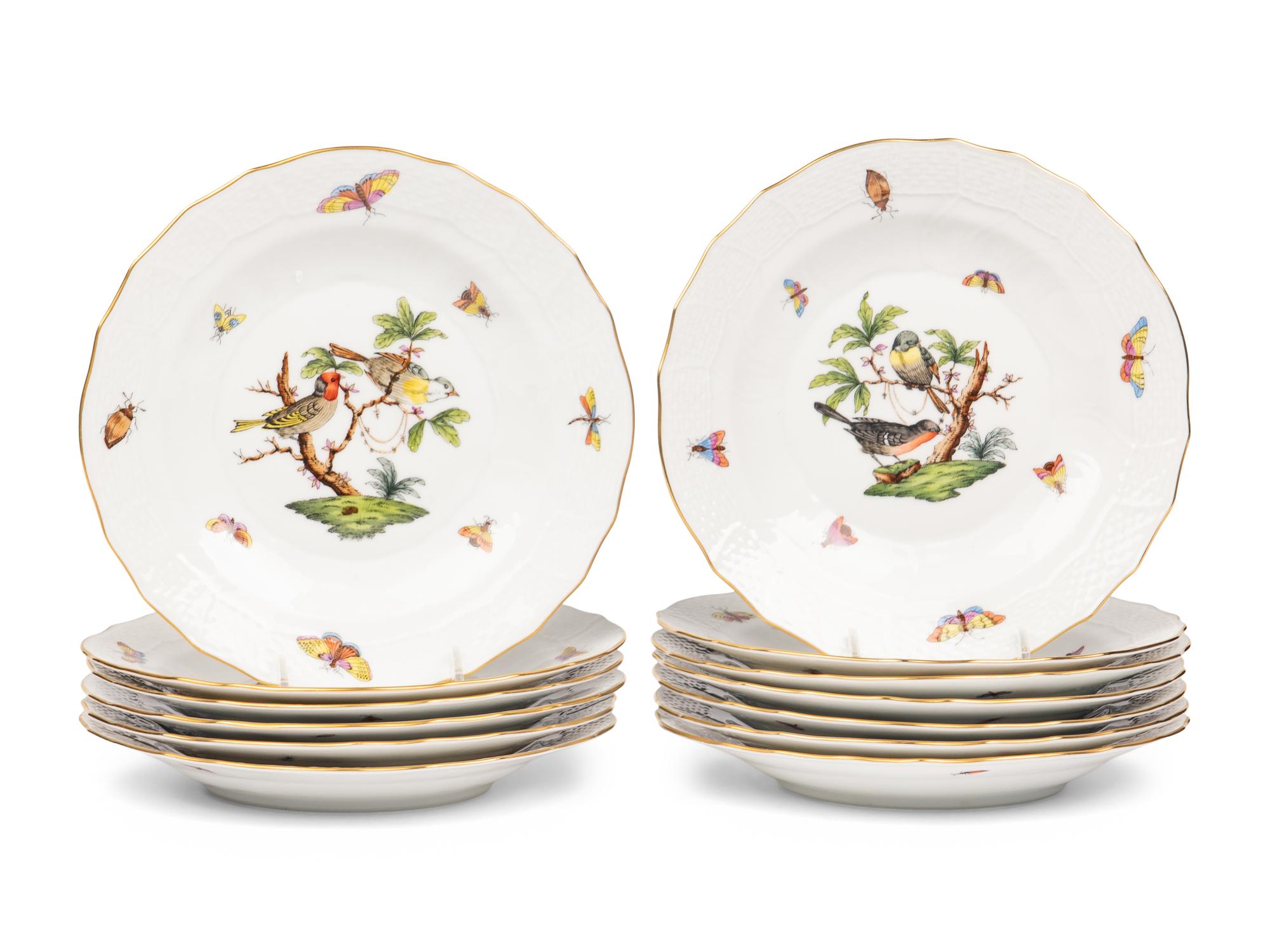 A Set of Thirteen Herend Rothschild Bird Porcelain Dessert Plates