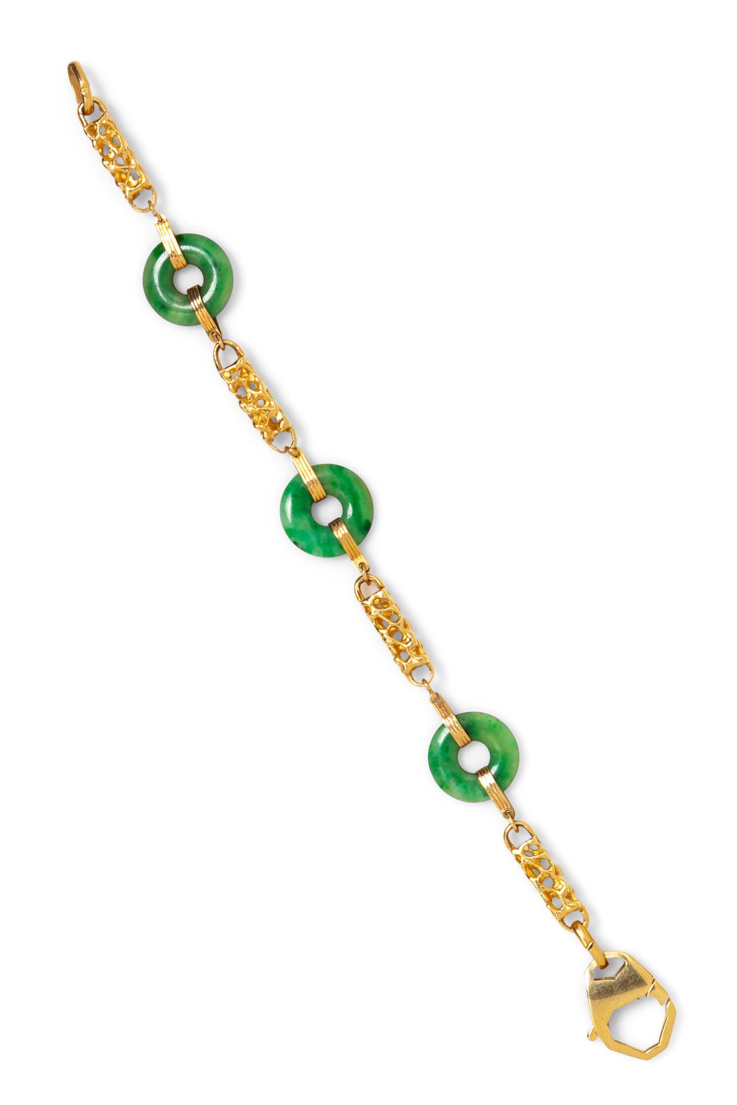 A Yellow Gold and Jade Bi Bracelet,
