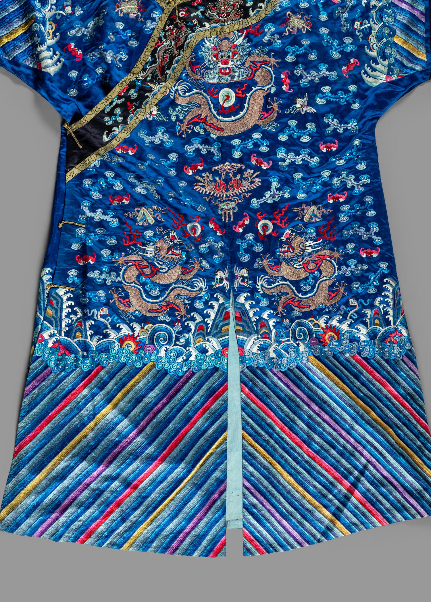 A Chinese Blue Ground Silk Embroidered 'Dragon' Robe