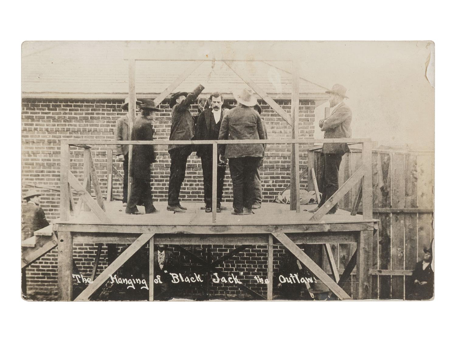 [OUTLAWS] 2 real photo postcards showing the hanging of Thomas E. "Black Jack" Ketchum [April 1901].