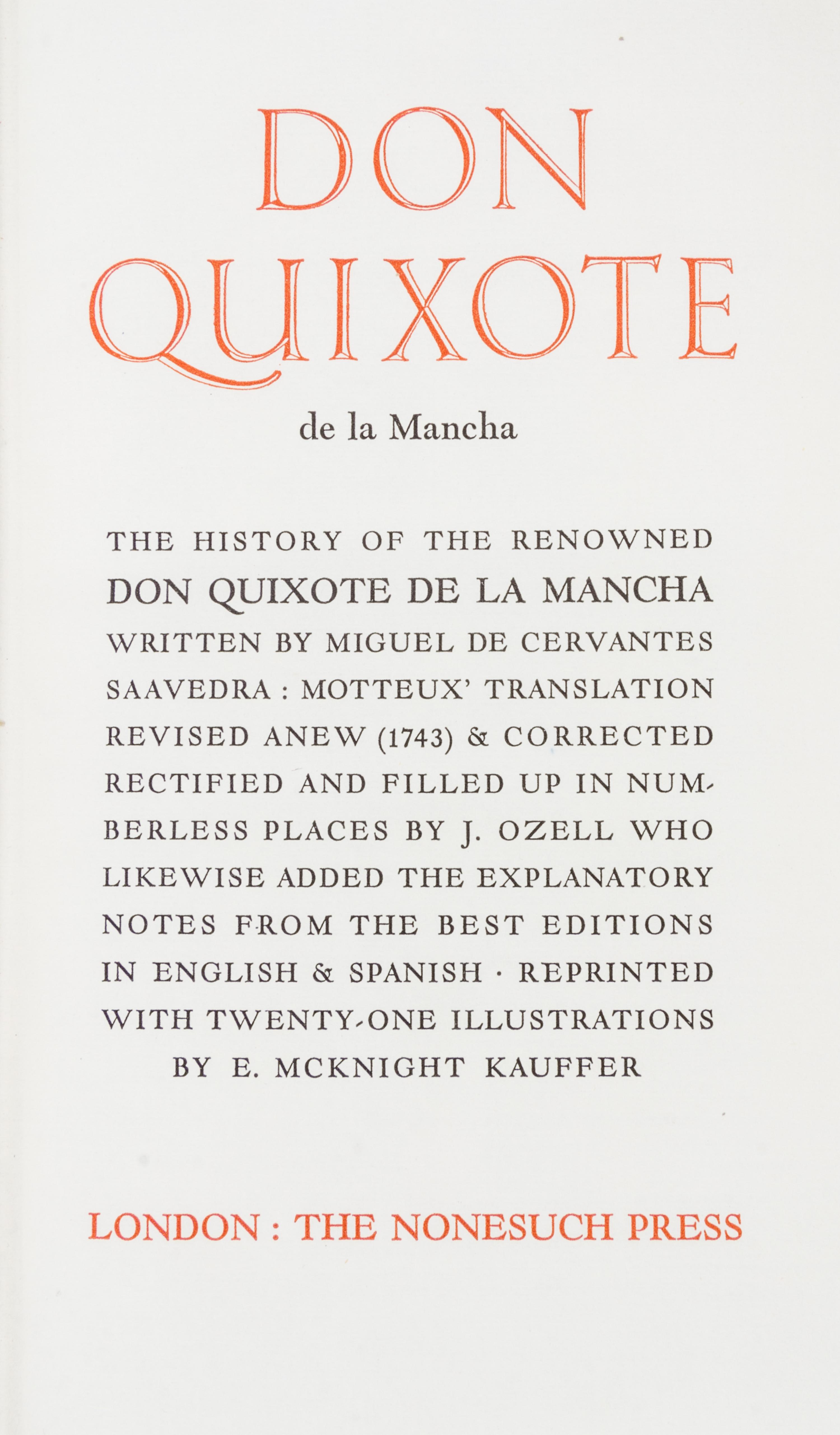 (NONESUCH PRESS) CERVANTES, SAAVEDRA, MIGUEL DE. Don Quixote. London, 1930.