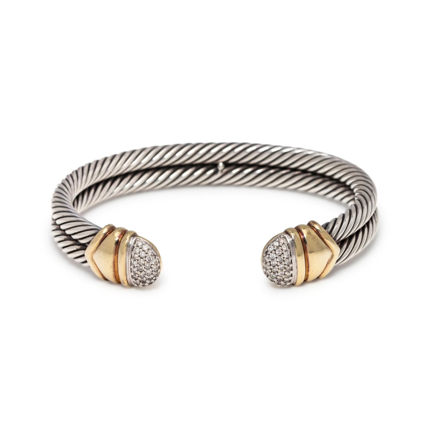 DAVID YURMAN, STERLING SILVER, YELLOW GOLD AND DIAMOND 'CABLE CLASSIC' CUFF BRACELET