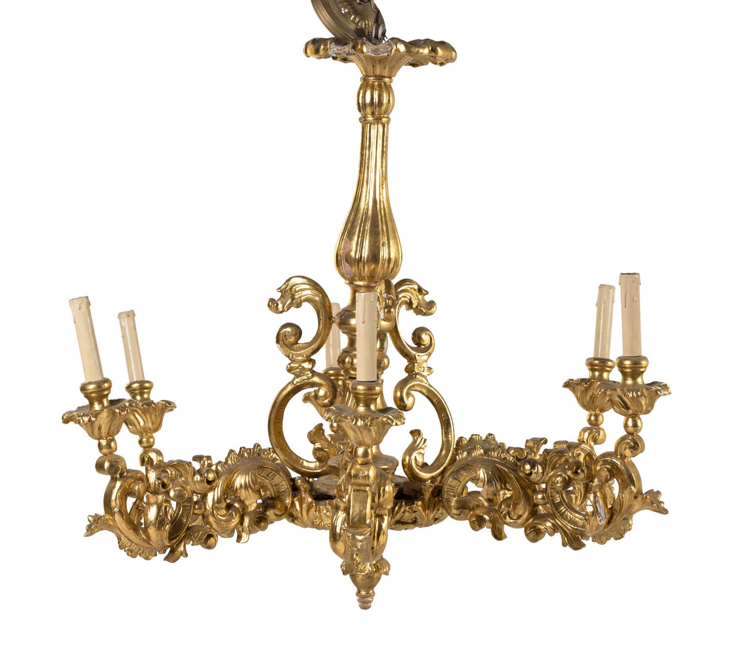 A Louis XV Style Giltwood Six-Light Chandelier