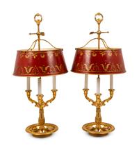 A Pair of Empire Style Gilt Metal and Painted Tôle Bouillotte Lamps