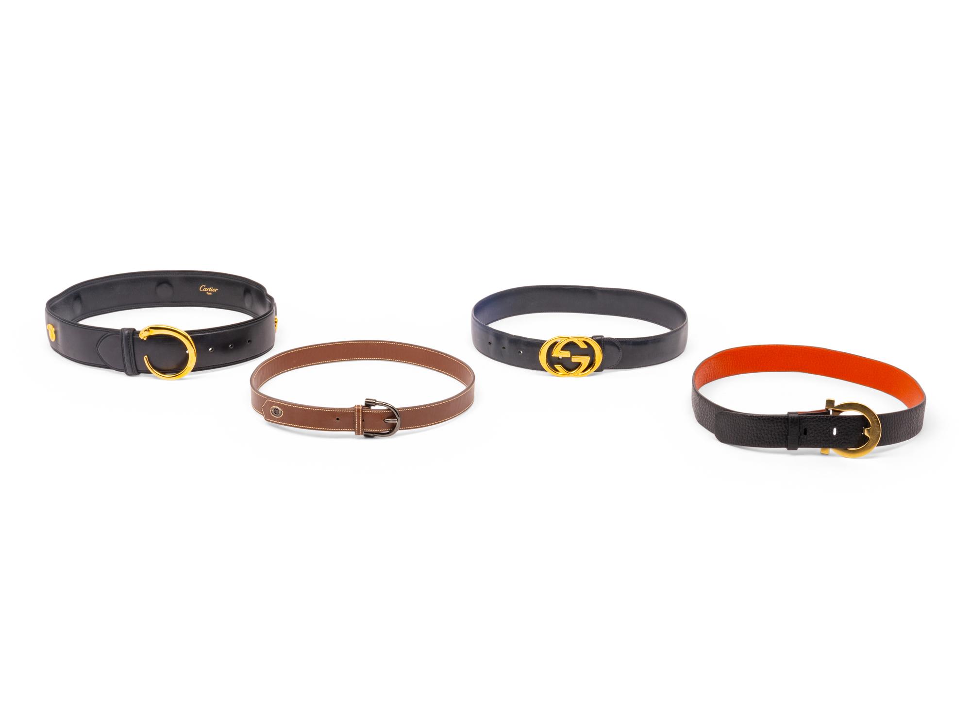 Group of Four Designer Belts by Gucci, Cartier, and Salvatore Ferragamo