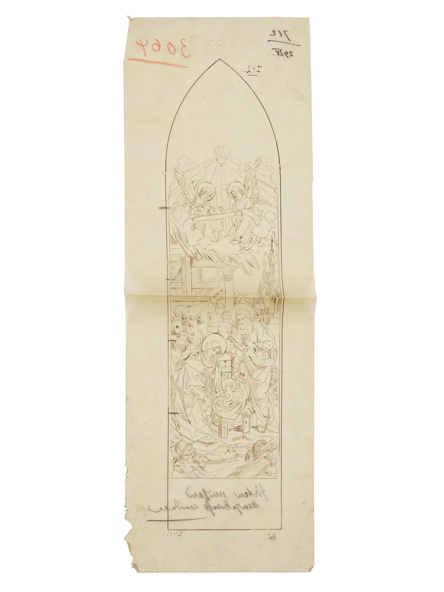 [ARCHITECTURE - STAINED GLASS]. A group of 15 stained glass designs on onionskin, unsigned.