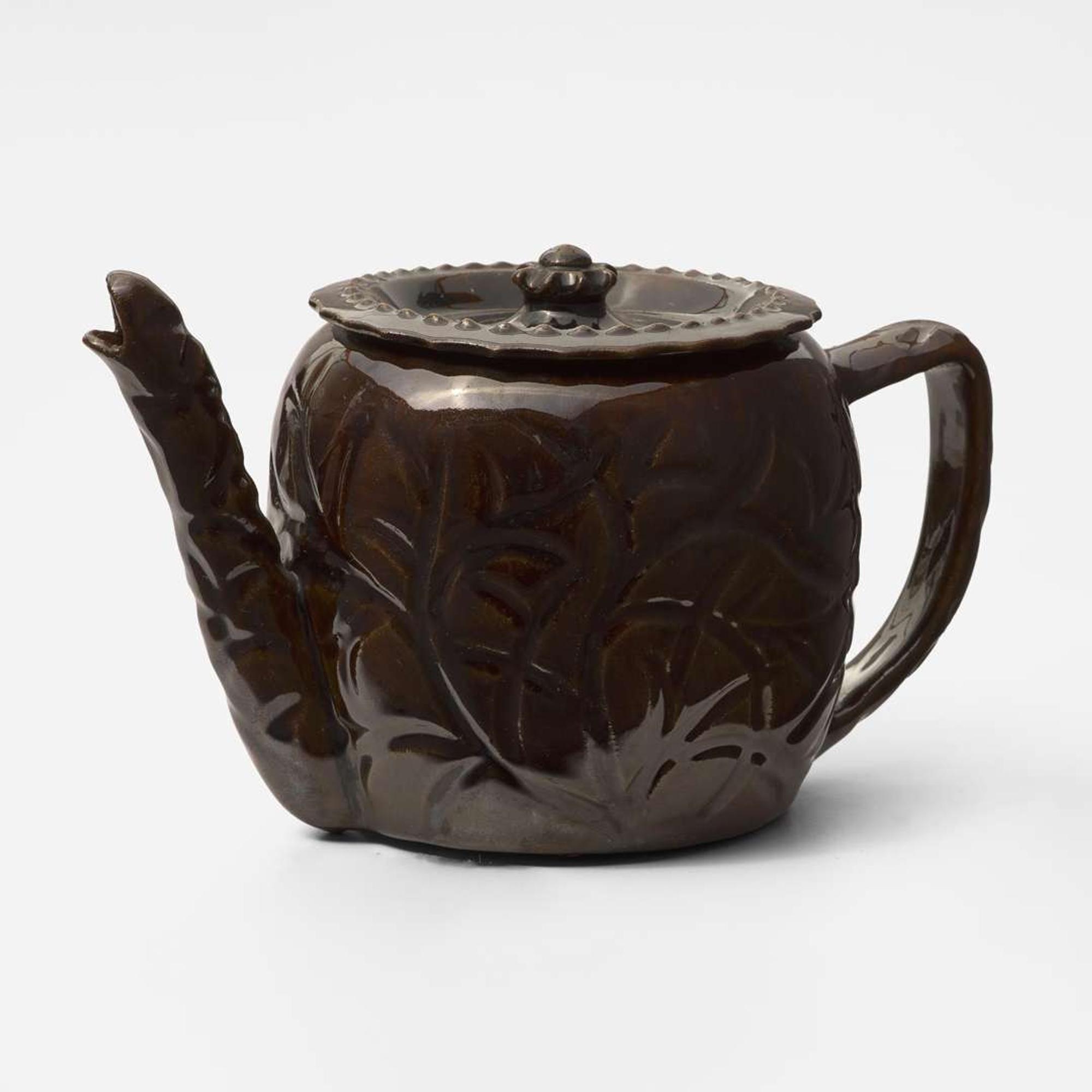 George Ohr (American, 1857-1918) Cadogan Teapot with Branch Pattern in Cobalt, Mottled Brown, and Olive Glaze, Biloxi, Mississippi, USA, 1900