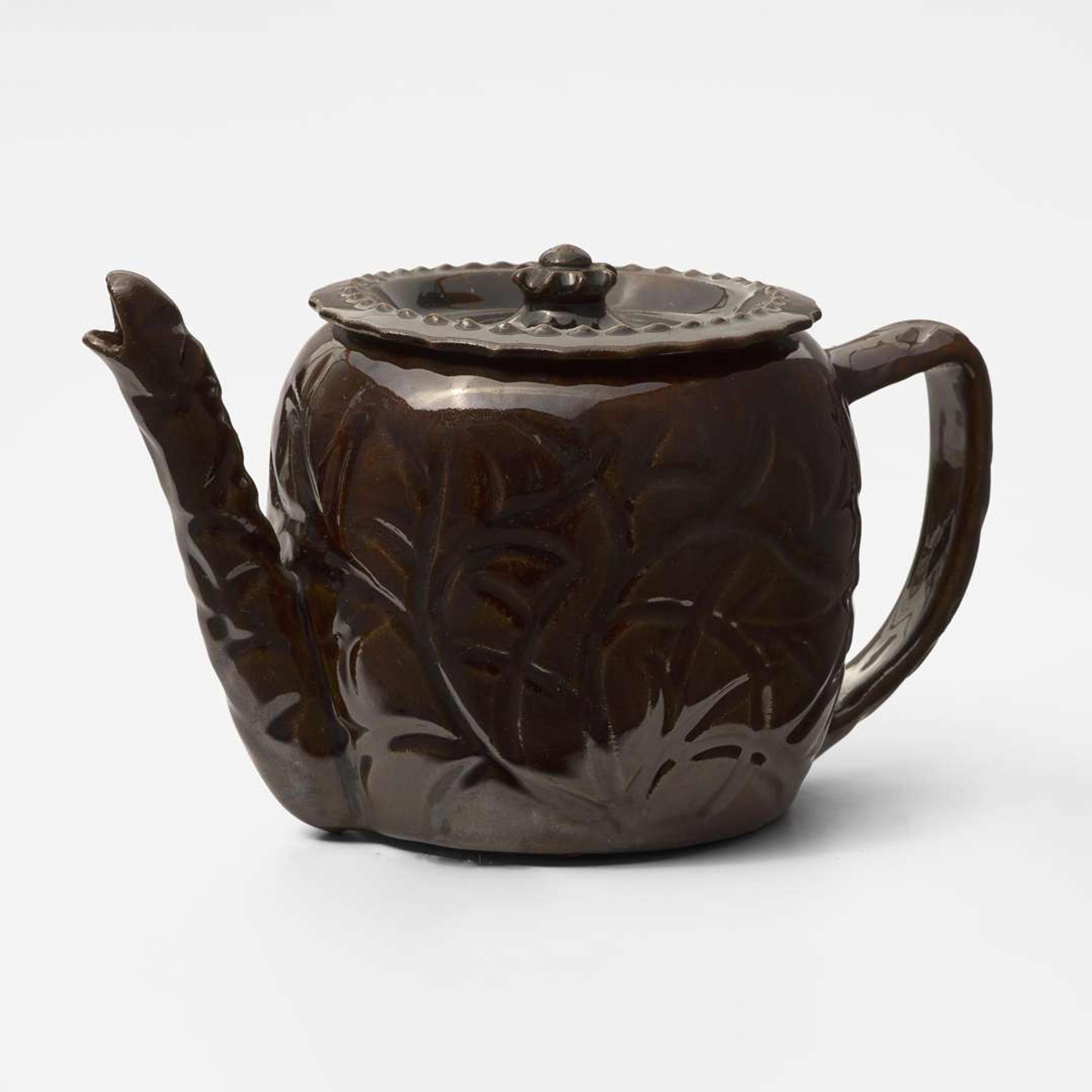 George Ohr (American, 1857-1918) Cadogan Teapot with Branch Pattern in Cobalt, Mottled Brown, and Olive Glaze, Biloxi, Mississippi, USA, 1900
