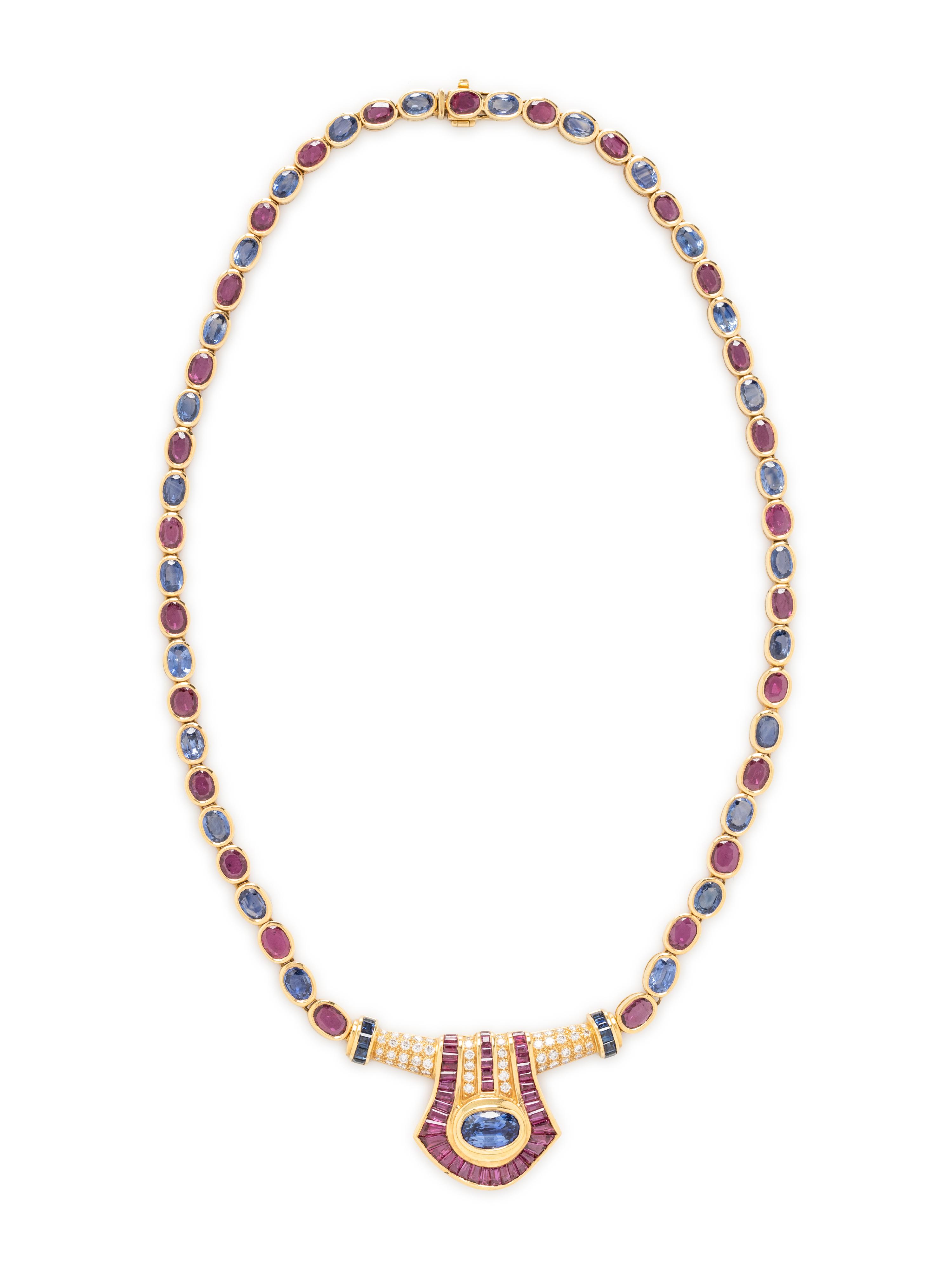 SAPPHIRE, RUBY, DIAMOND AND YELLOW GOLD NECKLACE