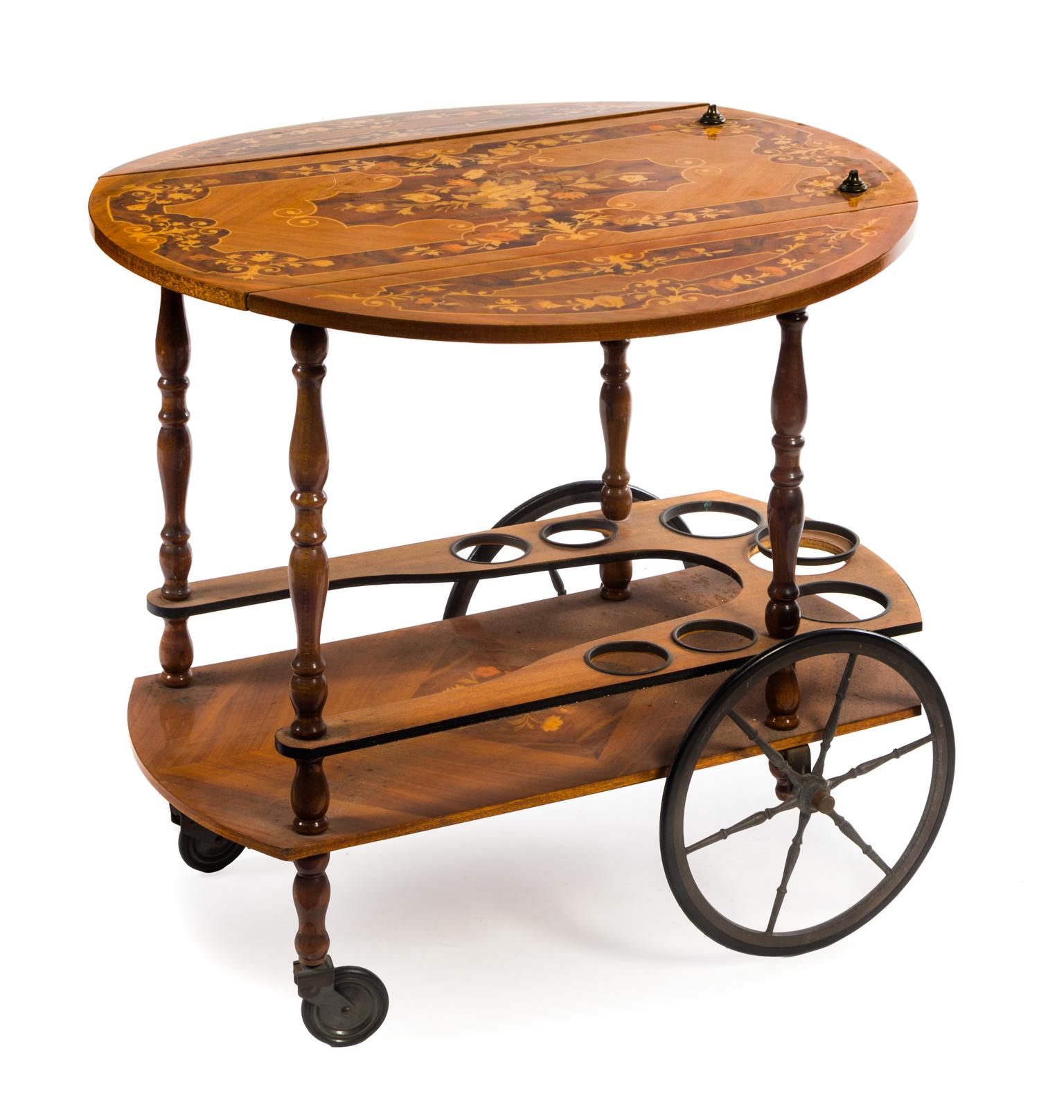 A Continental Marquetry Bar Cart Height 28 1/2 x width of top 29 1/2 x depth 29 1/2 inches.