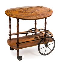 A Continental Marquetry Bar Cart Height 28 1/2 x width of top 29 1/2 x depth 29 1/2 inches.