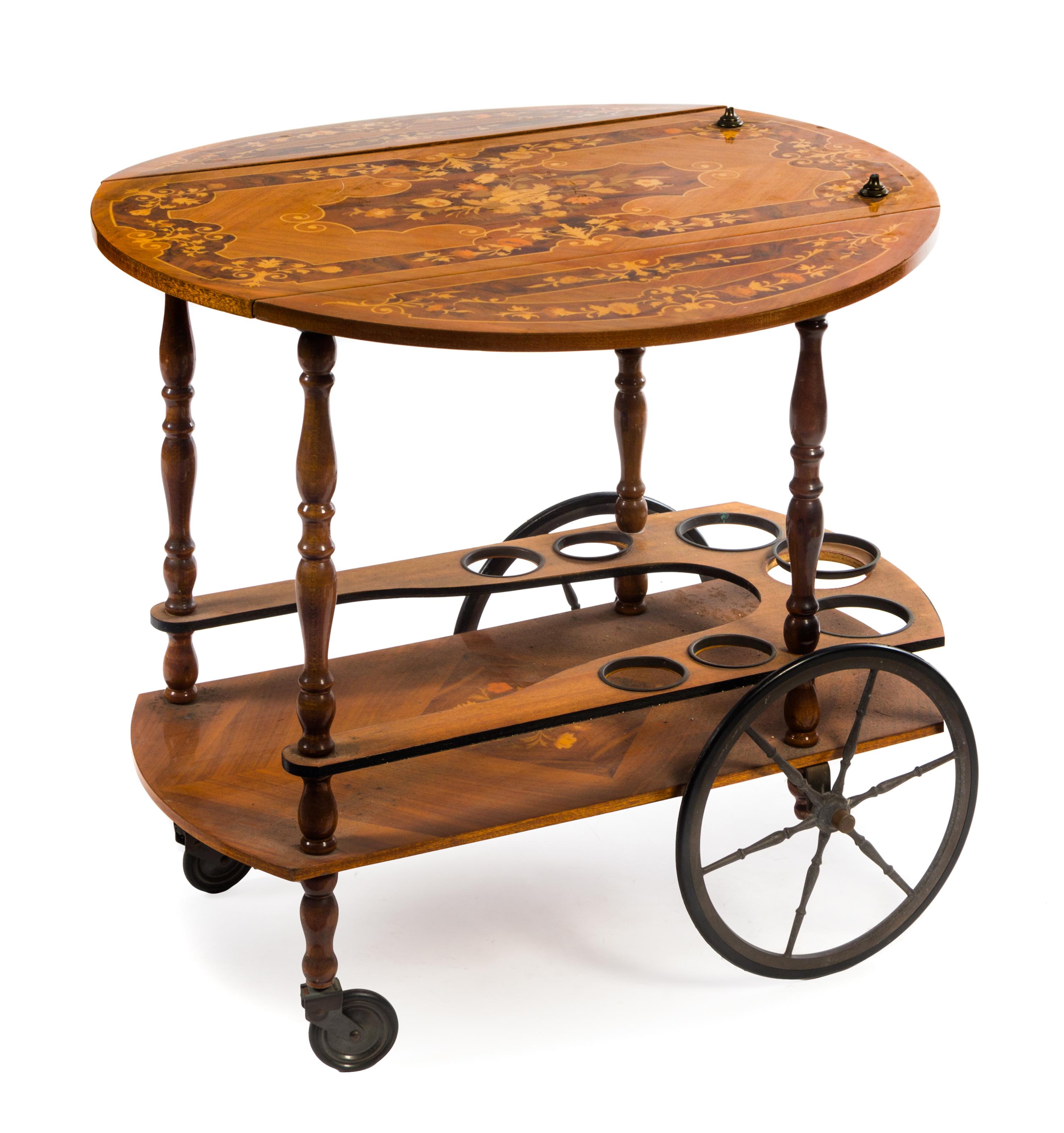 A Continental Marquetry Bar Cart Height 28 1/2 x width of top 29 1/2 x depth 29 1/2 inches.