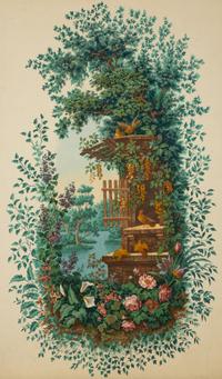 A Framed Painted Canvas Panel Depicting Birds in Garden