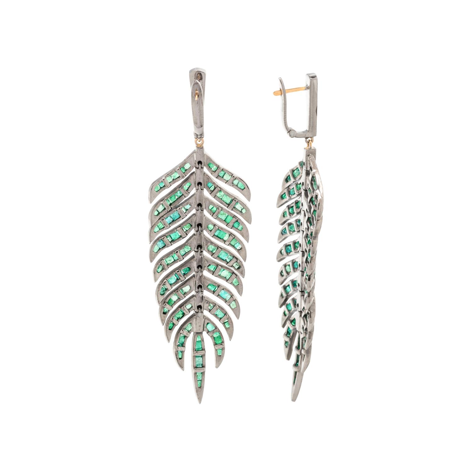 EMERALD AND DIAMOND FEATHER EARRINGS