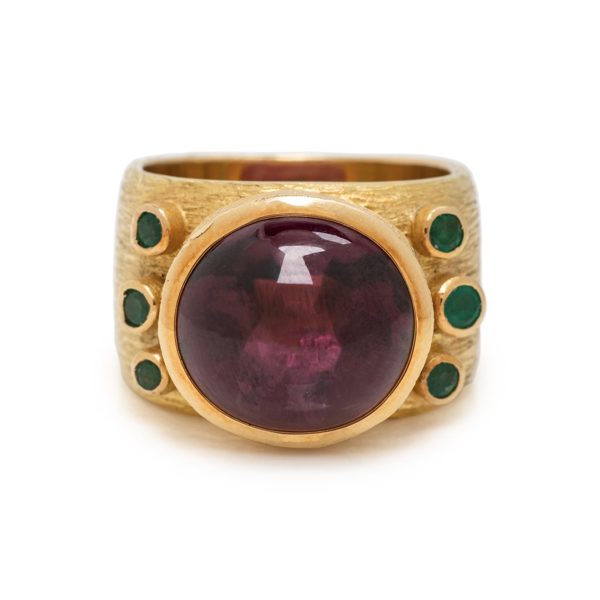 GRIMA, YELLOW GOLD, GARNET, AND EMERALD RING