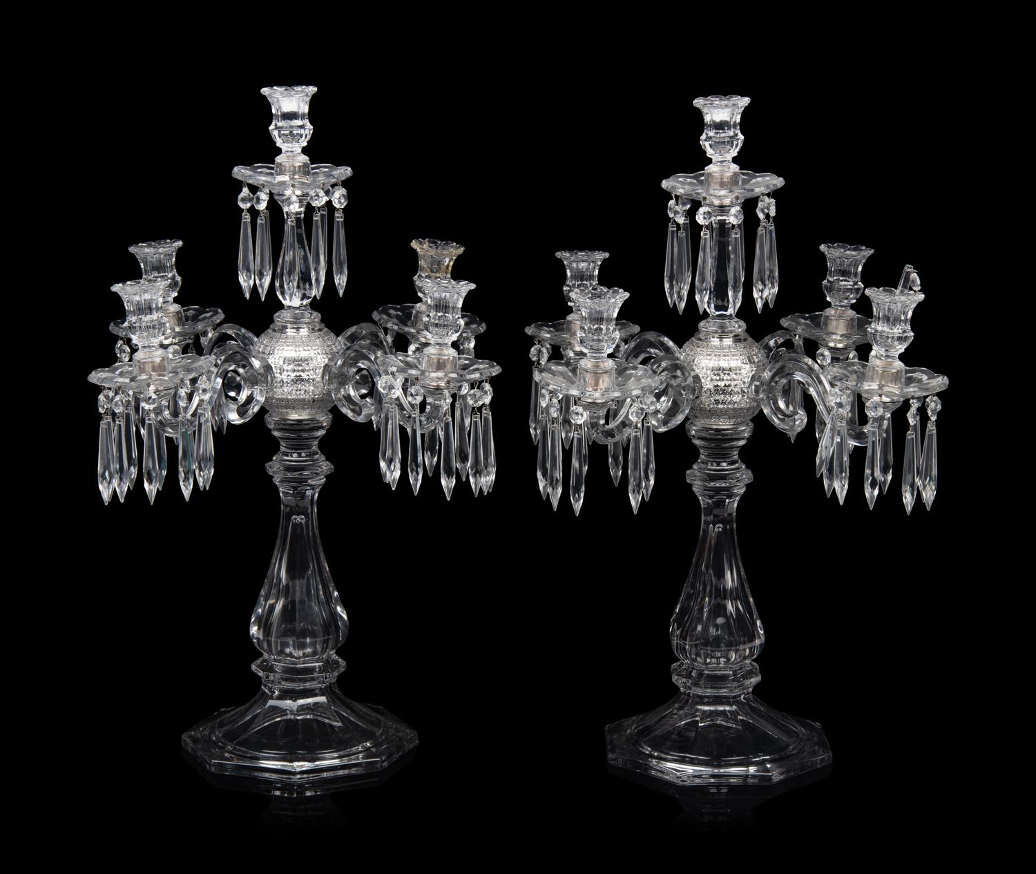 A Pair of Molded Glass Five-Light Candelabra
