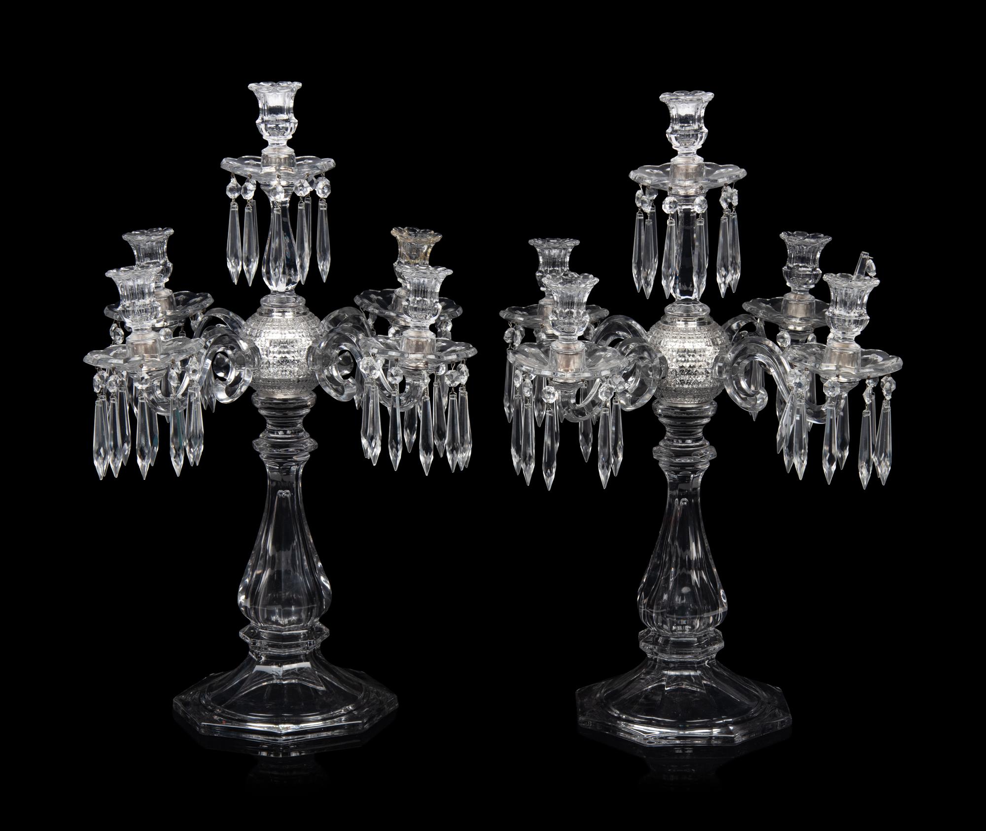 A Pair of Molded Glass Five-Light Candelabra
