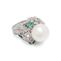 CULTURED SOUTH SEA PEARL, DIAMOND AND EMERALD RING