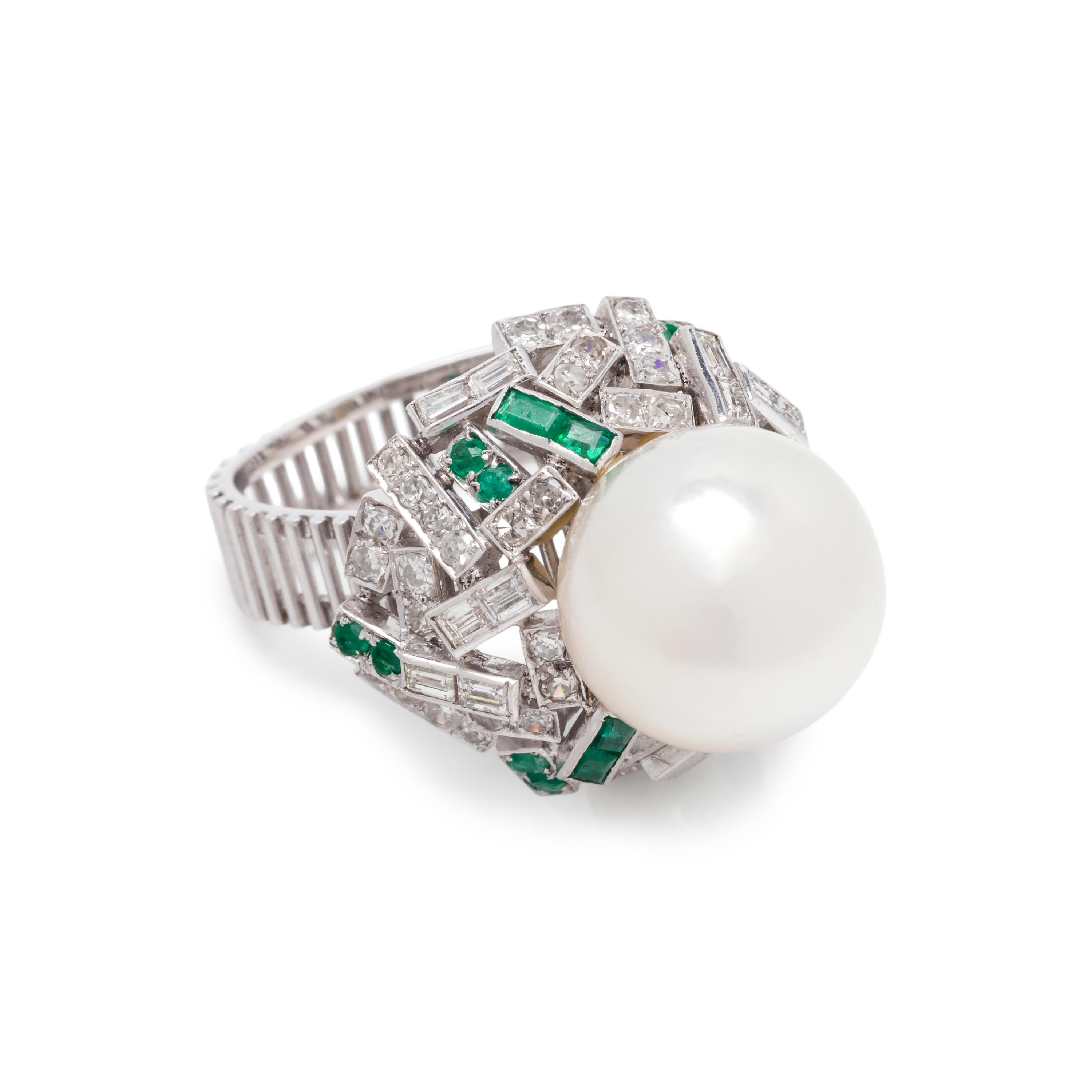 CULTURED SOUTH SEA PEARL, DIAMOND AND EMERALD RING