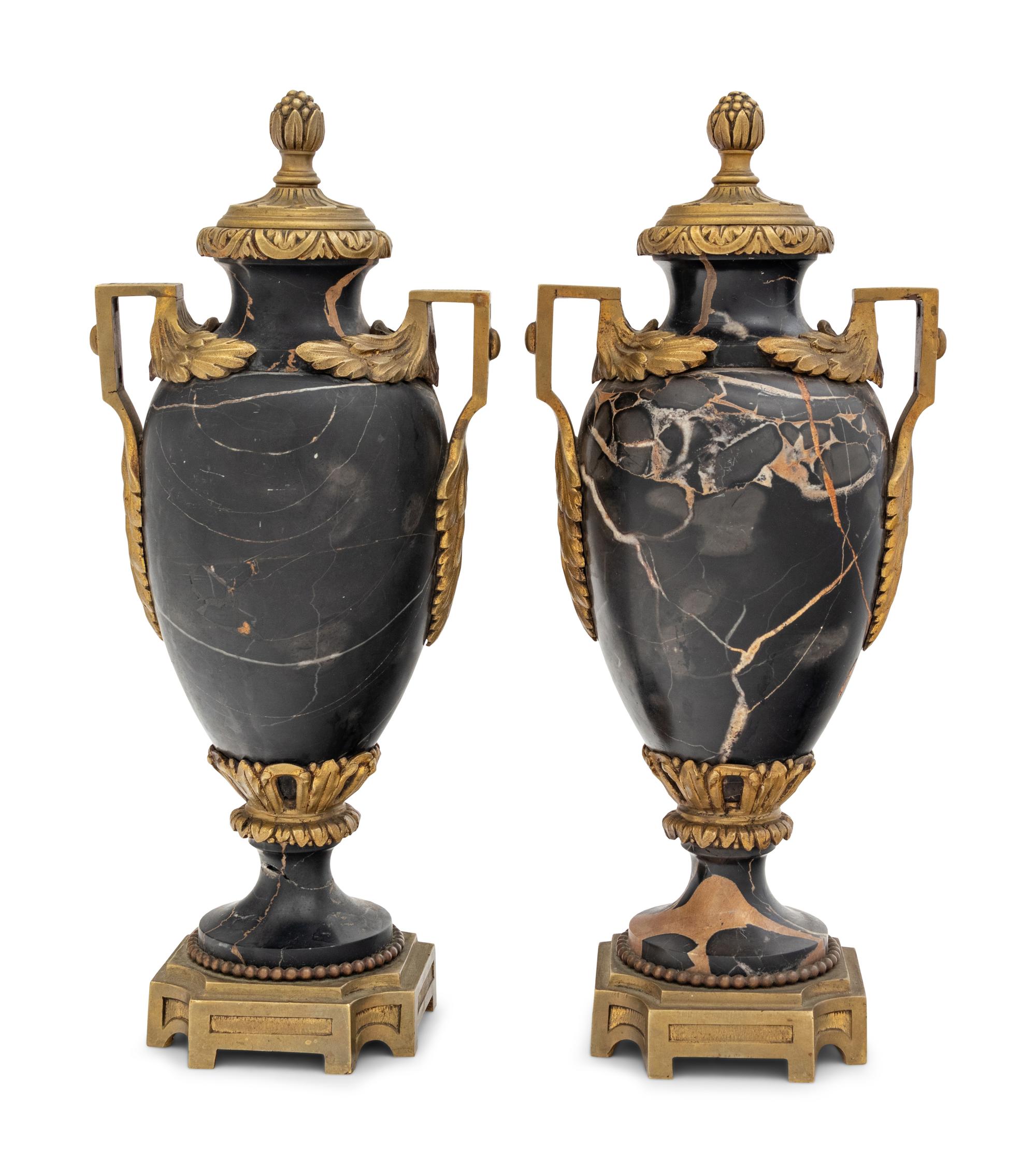 A Pair of Continental Gilt Bronze and Marble Urns