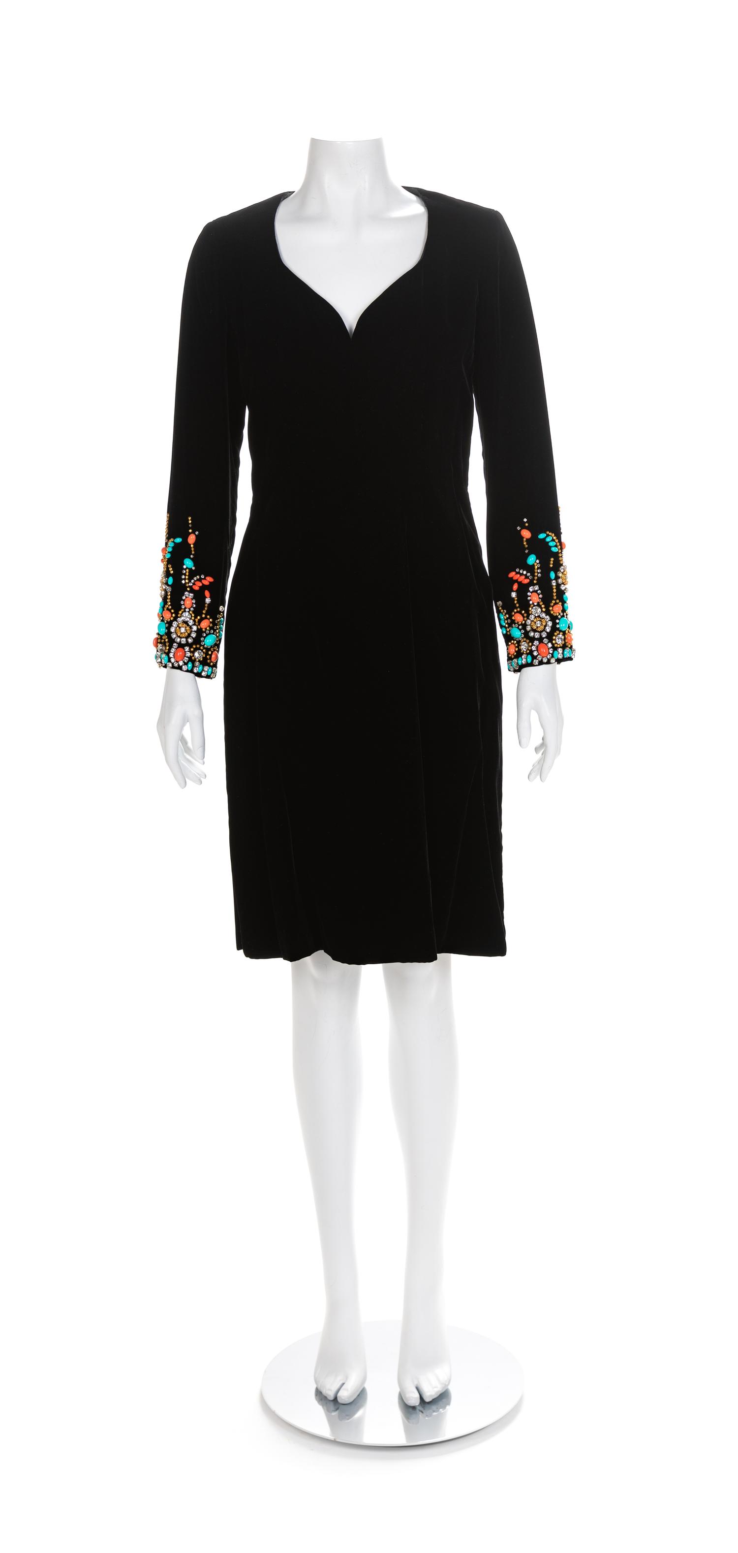 Kiki Hart Black Velvet Dress With Jeweled Cuffs, 1960-70s Size label: 6