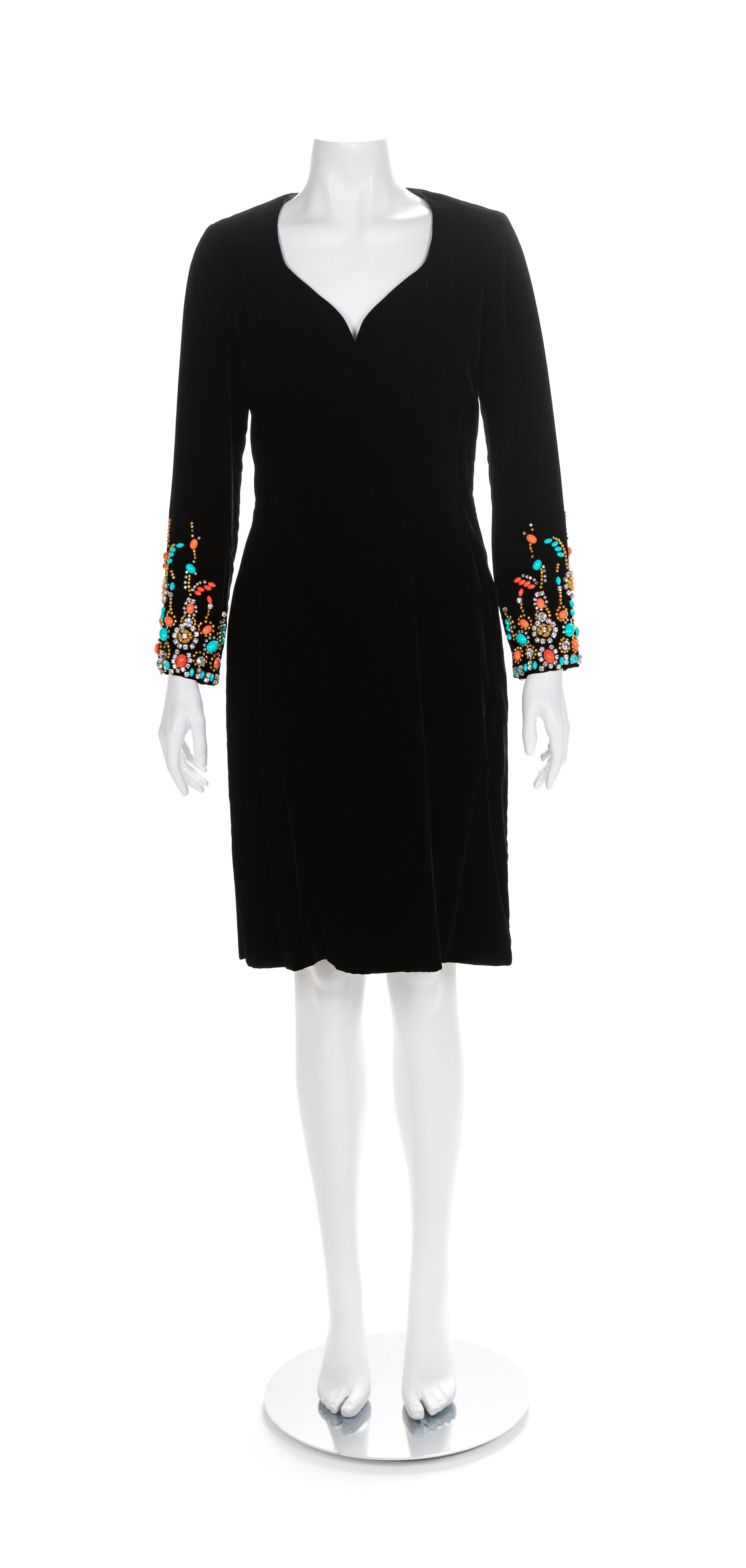 Kiki Hart Black Velvet Dress With Jeweled Cuffs, 1960-70s Size label: 6