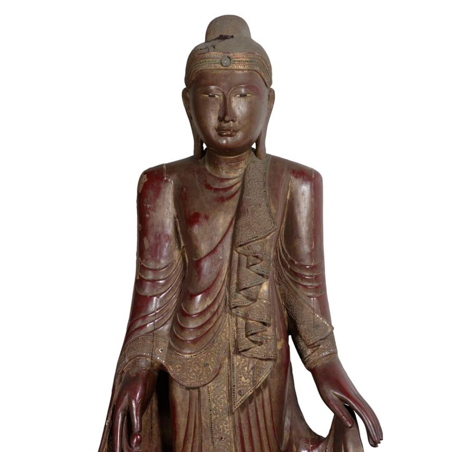 A Carved Wood Buddha with Faux Jewels 33" W x 18" D x 87" H — Myanmar, 19th Century