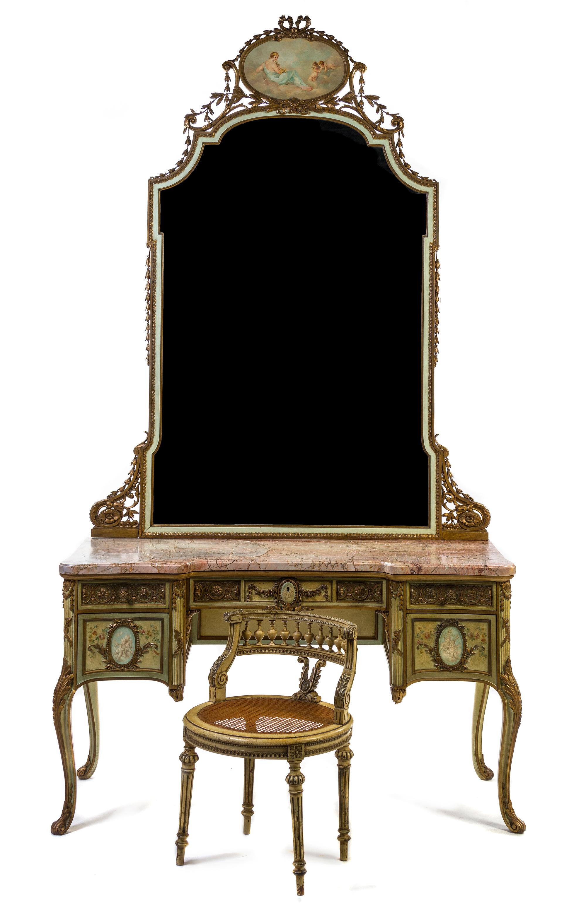 A Louis XV Style Painted and Parcel Gilt Dressing Table, Height overall 101 x width 54 x depth 22 1/2 inches.