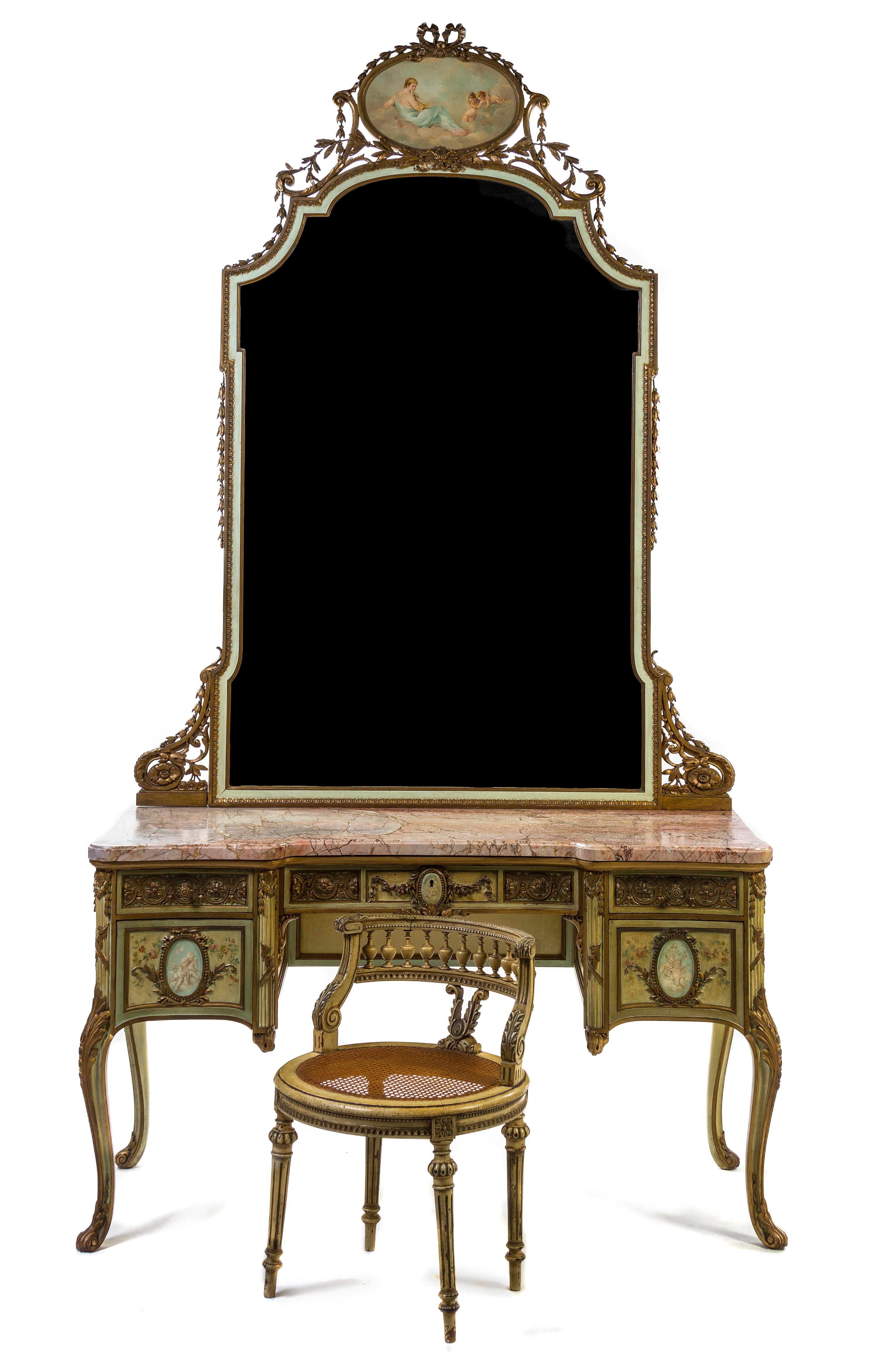 A Louis XV Style Painted and Parcel Gilt Dressing Table, Height overall 101 x width 54 x depth 22 1/2 inches.