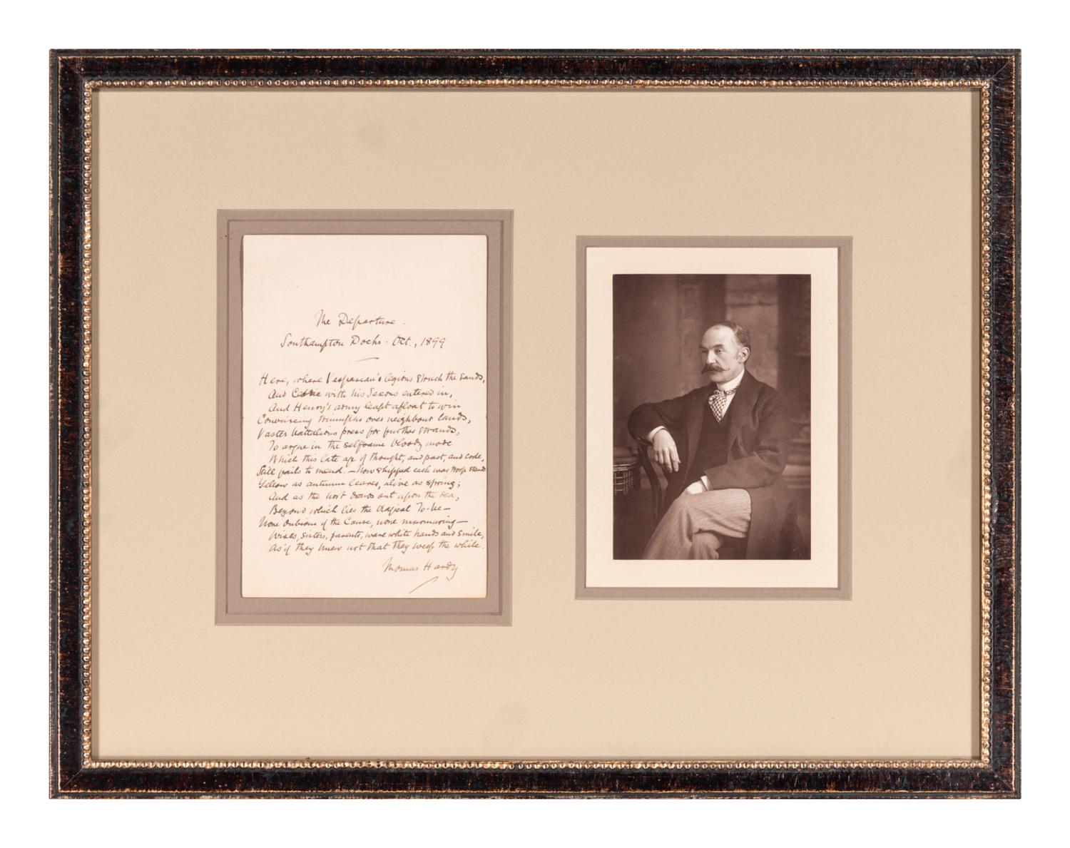 HARDY, Thomas (1840-1928). Autograph poetic manuscript signed ("Thomas Hardy"), a fair copy of "The Departure", Southampton Docks, October 1899.