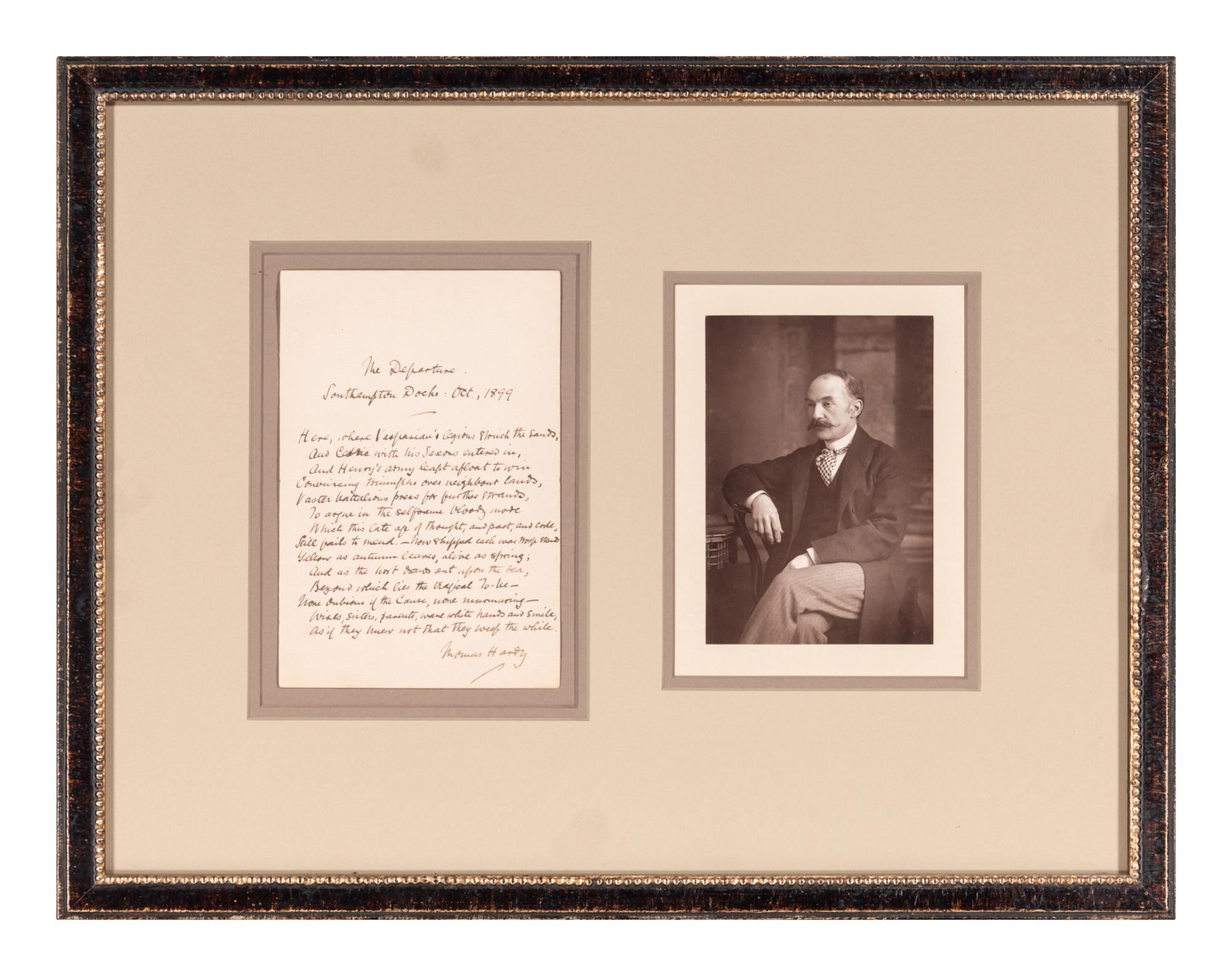 HARDY, Thomas (1840-1928). Autograph poetic manuscript signed ("Thomas Hardy"), a fair copy of "The Departure", Southampton Docks, October 1899.