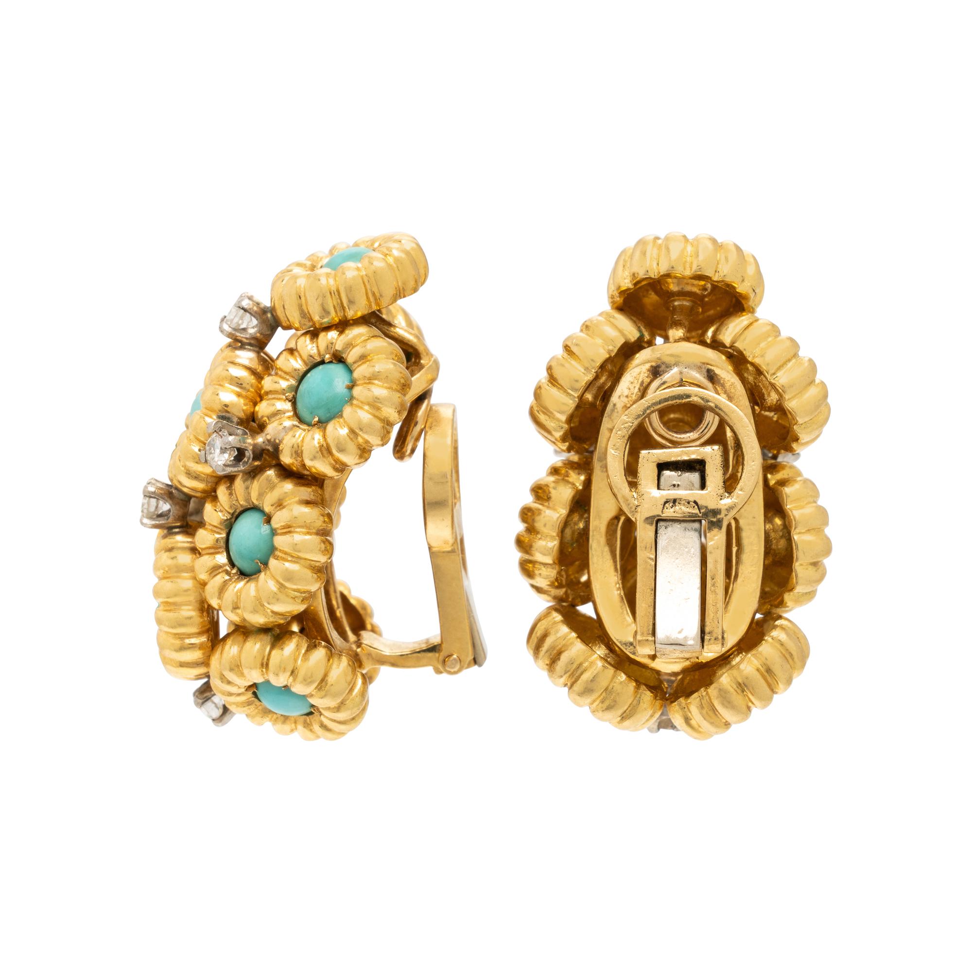 Turquoise, Diamond, and Yellow Gold Earrings