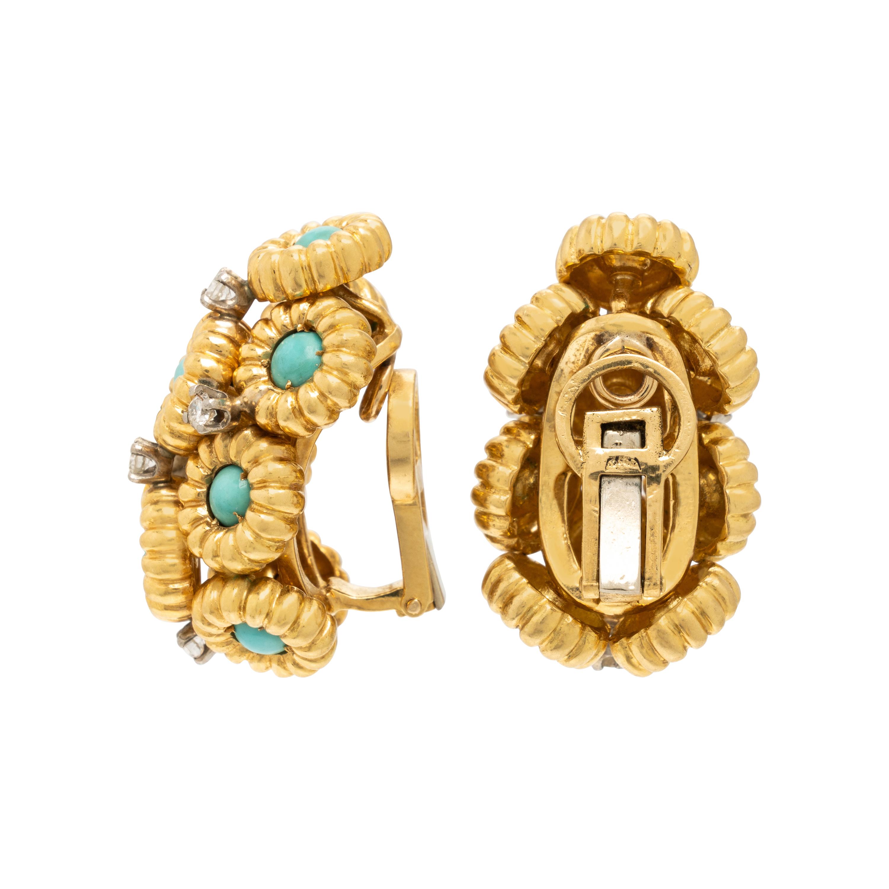 Turquoise, Diamond, and Yellow Gold Earrings