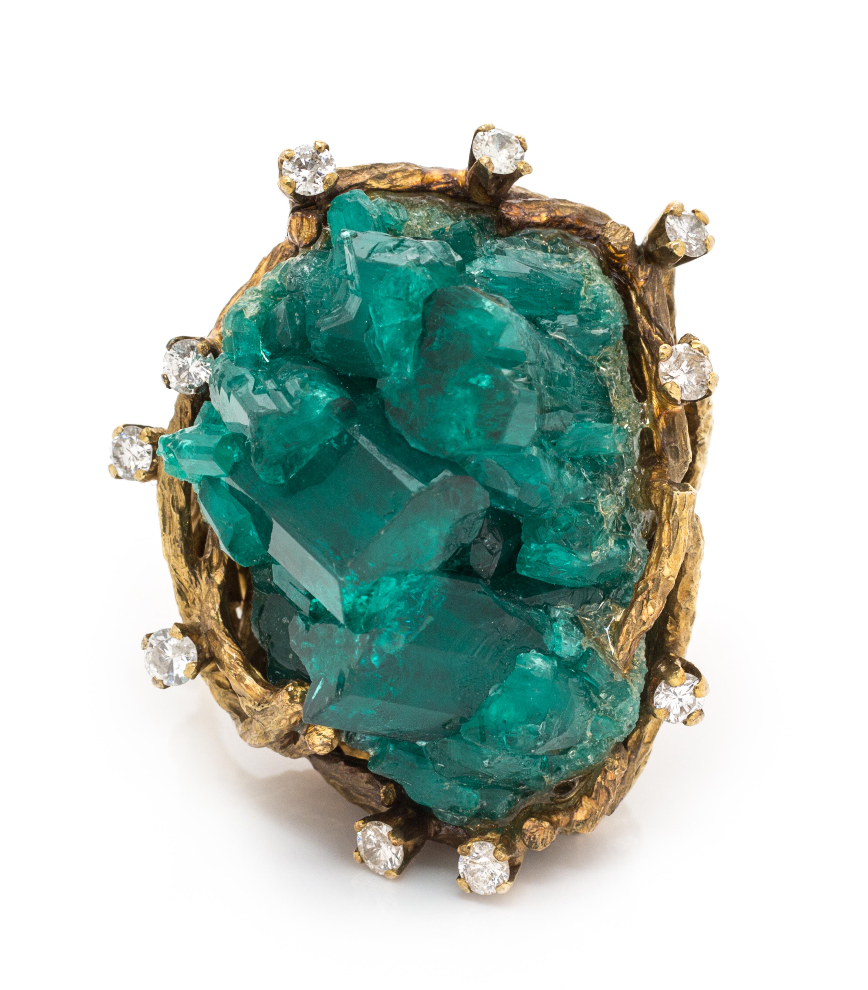 RONAY, YELLOW GOLD, SYNTHETIC EMERALD AND DIAMOND RING
