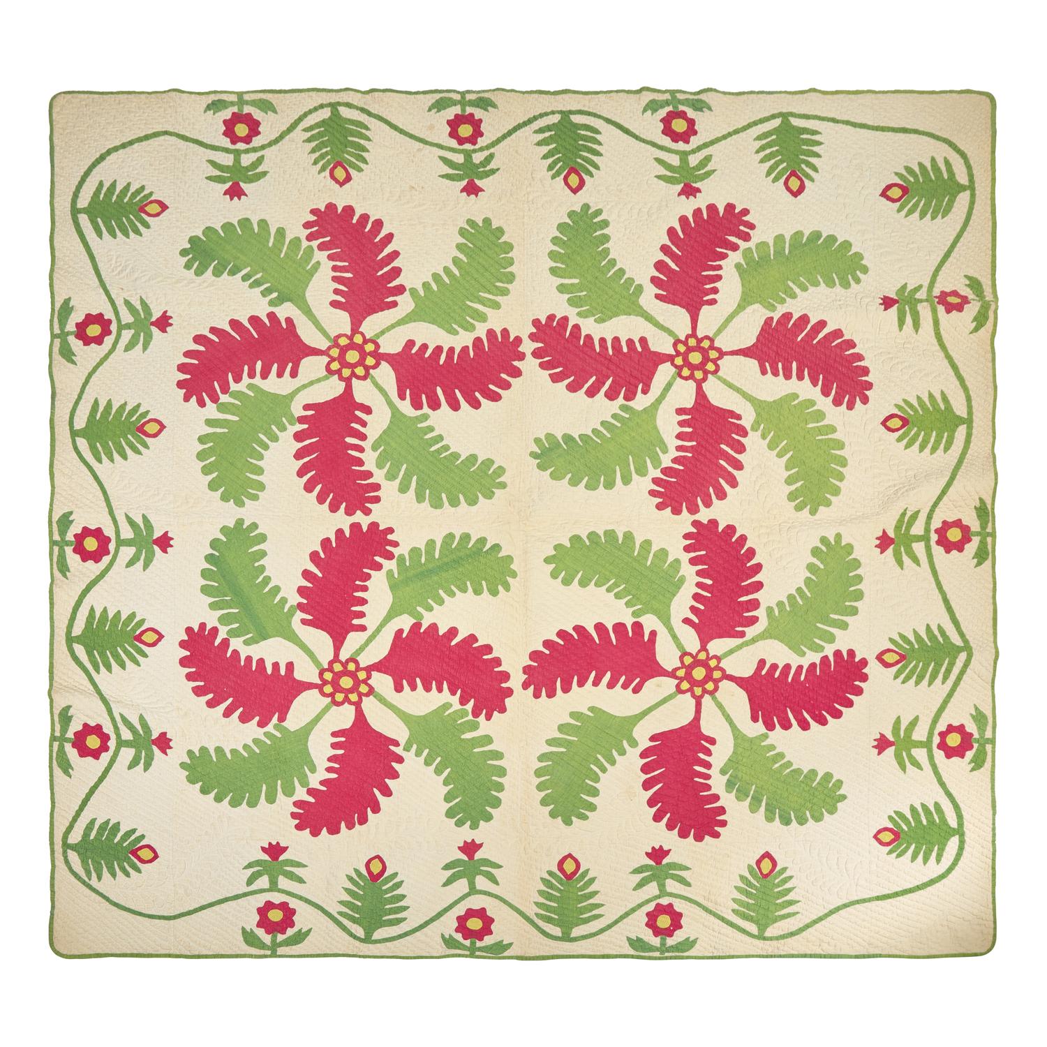 A "Princess Feather" Red and Green Pieced and Appliqued Cotton Quilt