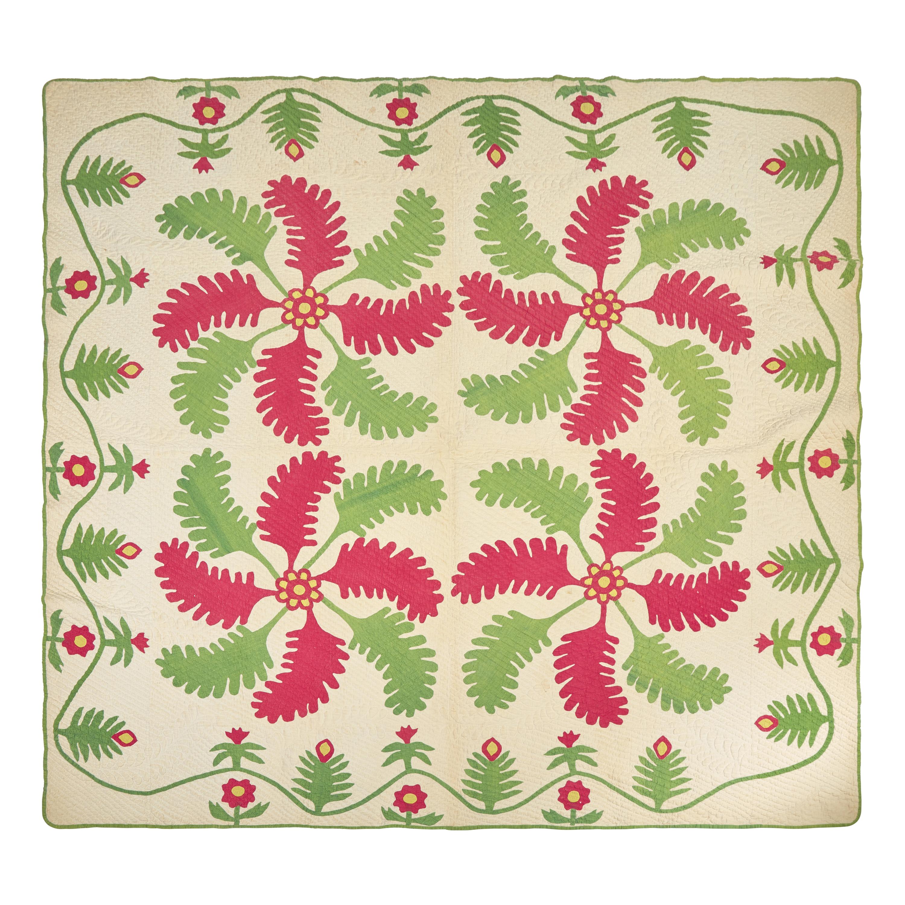 A "Princess Feather" Red and Green Pieced and Appliqued Cotton Quilt