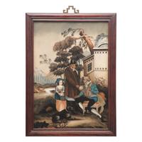 A Pair of Chinese Export Reverse-Glass Painted Pictures of Western Figures in Bucolic Landscapes