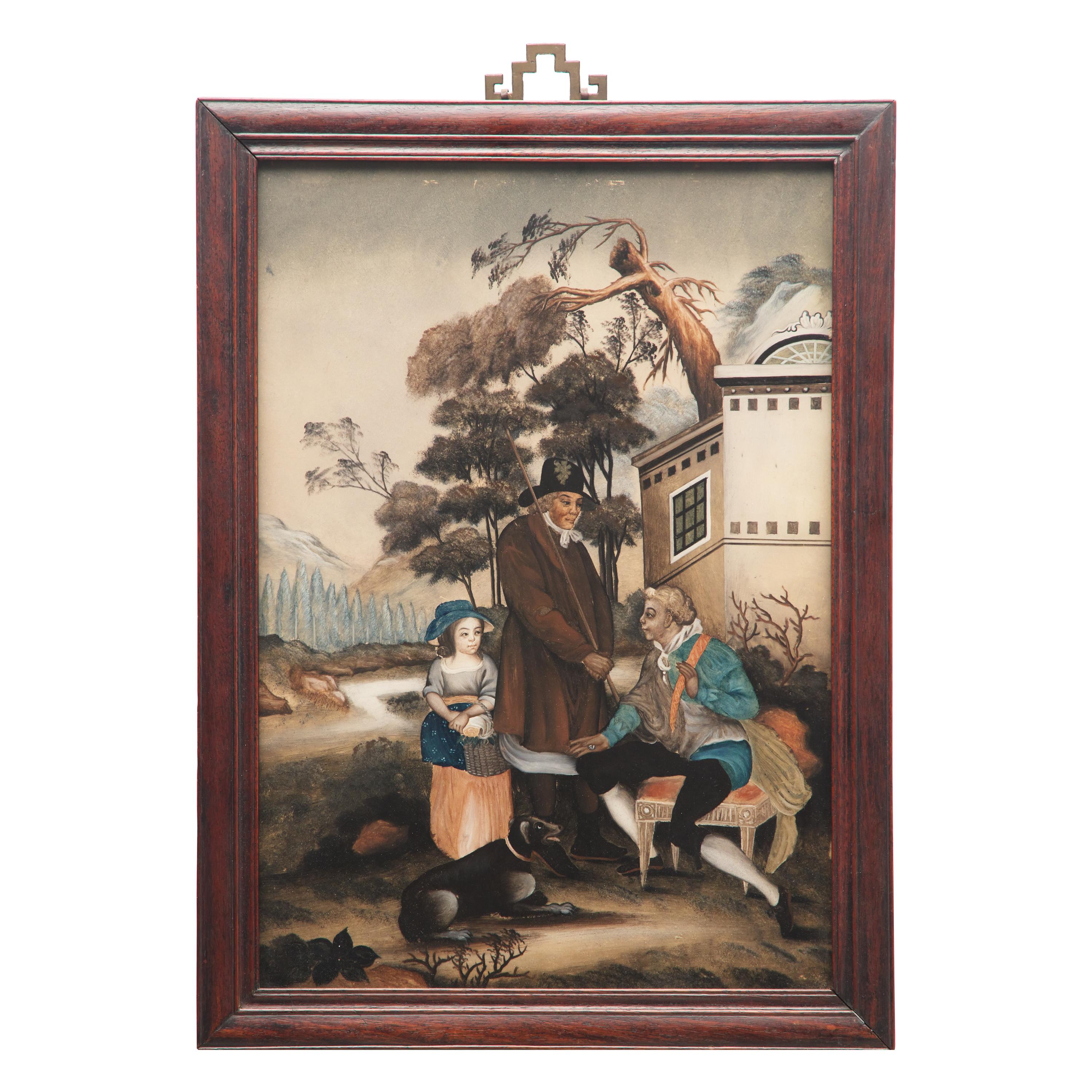 A Pair of Chinese Export Reverse-Glass Painted Pictures of Western Figures in Bucolic Landscapes