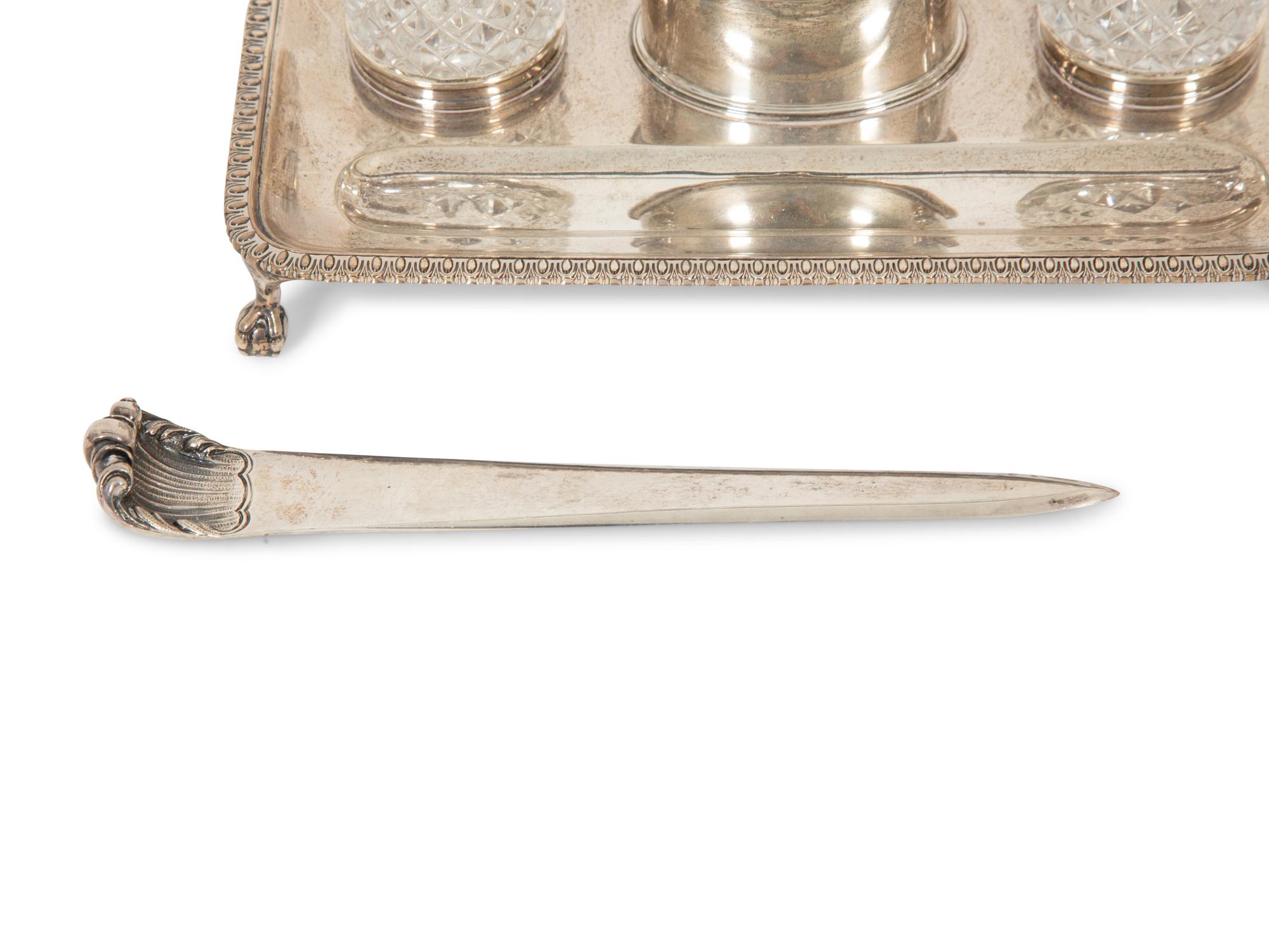 A English Silver Standish with a Buccellati Silver Letter Opener
