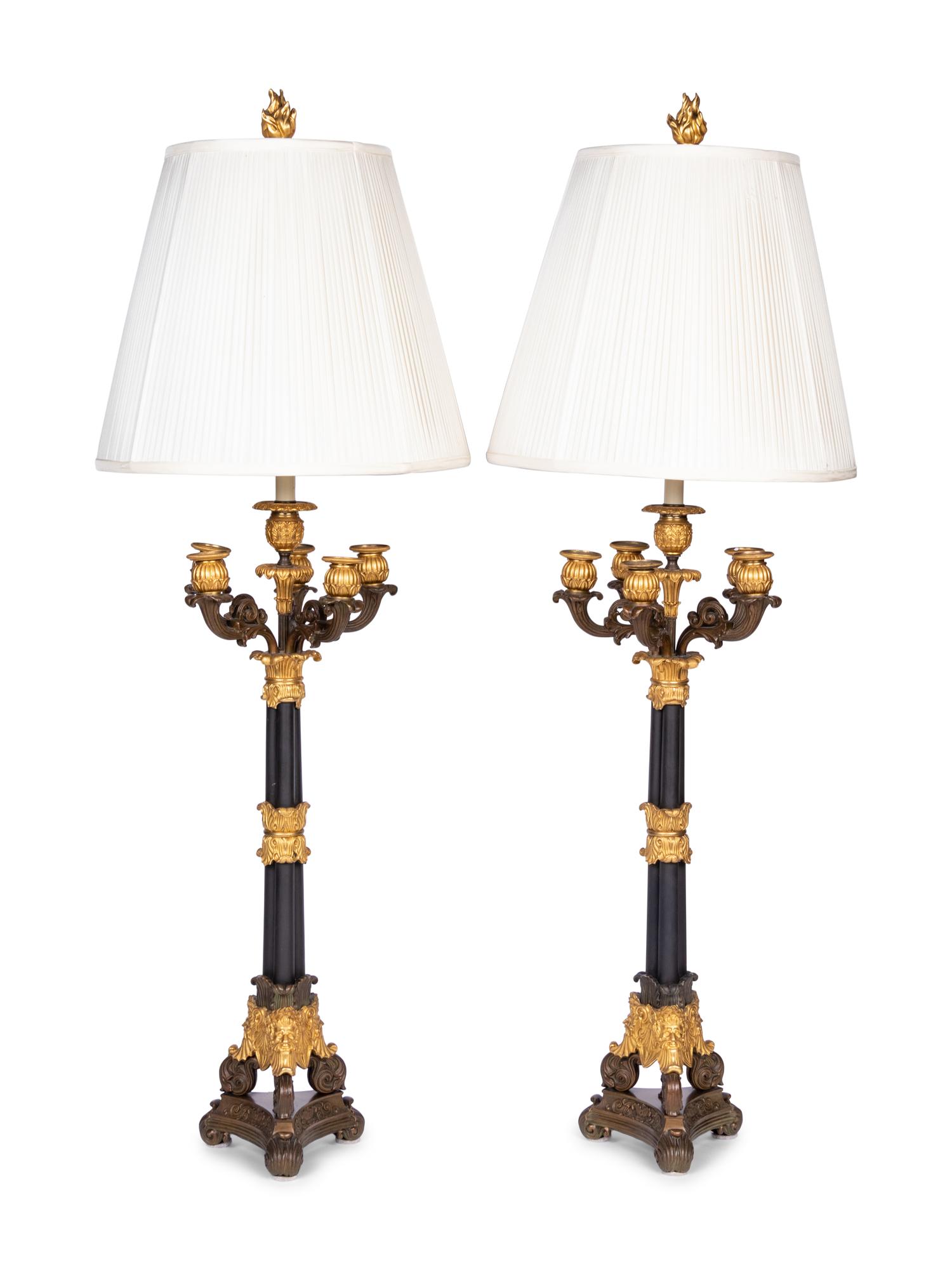 A Pair of Louis Philippe Gilt and Patinated Metal Six-Light Candelabra Mounted as Lamps