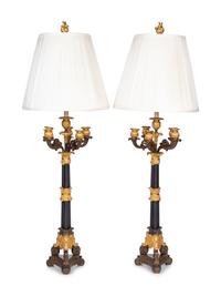 A Pair of Louis Philippe Gilt and Patinated Metal Six-Light Candelabra Mounted as Lamps