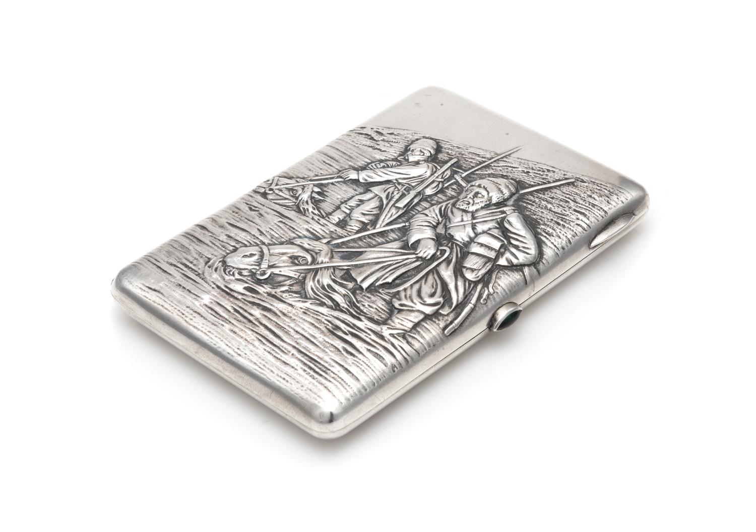 A Russian Silver Cigarette Case, Mark of S. Stroganov, Moscow, Late 19th Century, the lid worked to show a repousse scene of two figure